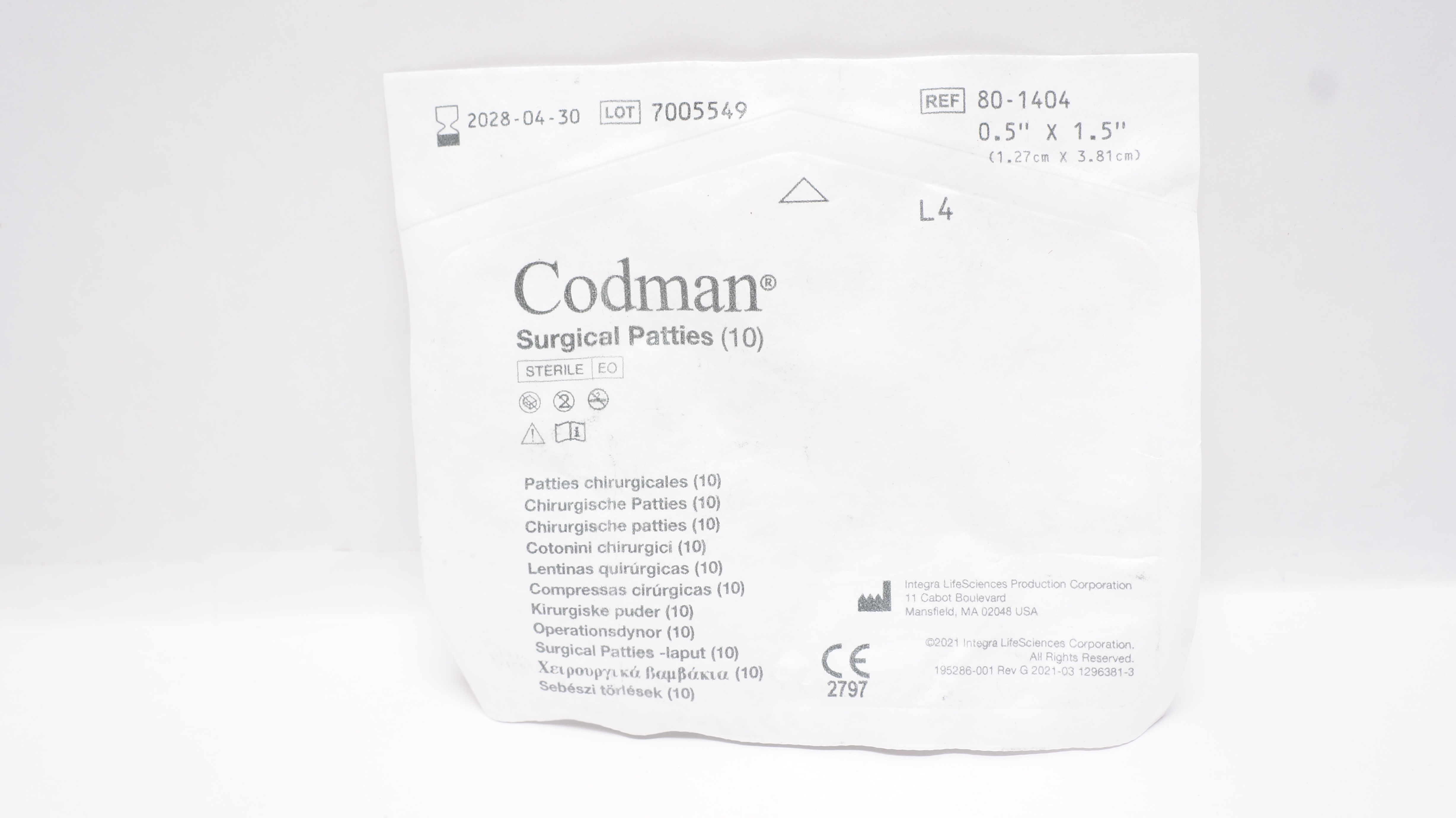 Codman 80-1404 Surgical Patties 1/2inch x 1-1/2inch - Pack of 10