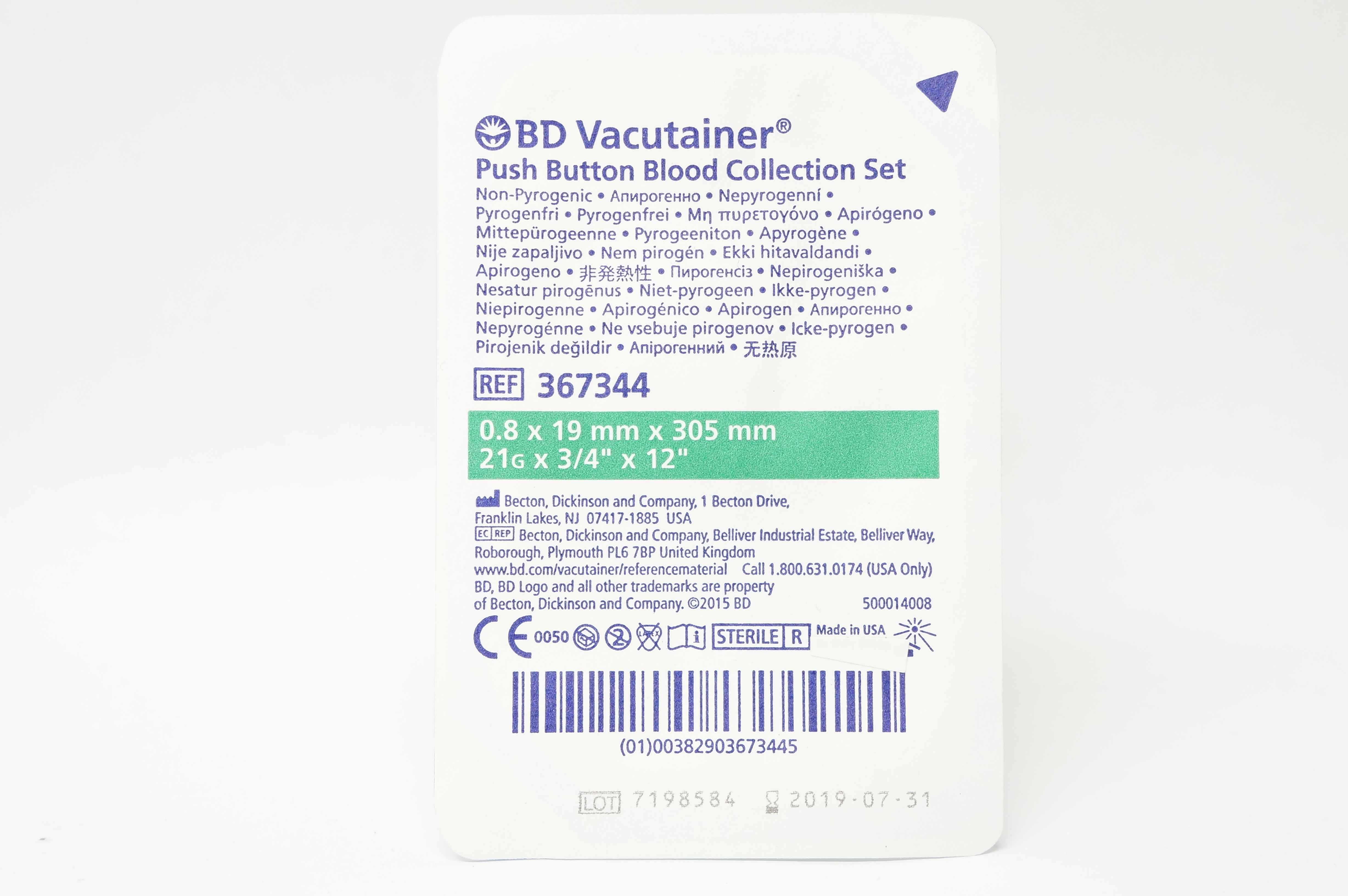 BD 367344 Vacutainer Push Button Blood Collection Set 24G x 3/4inch x 12inch (x)