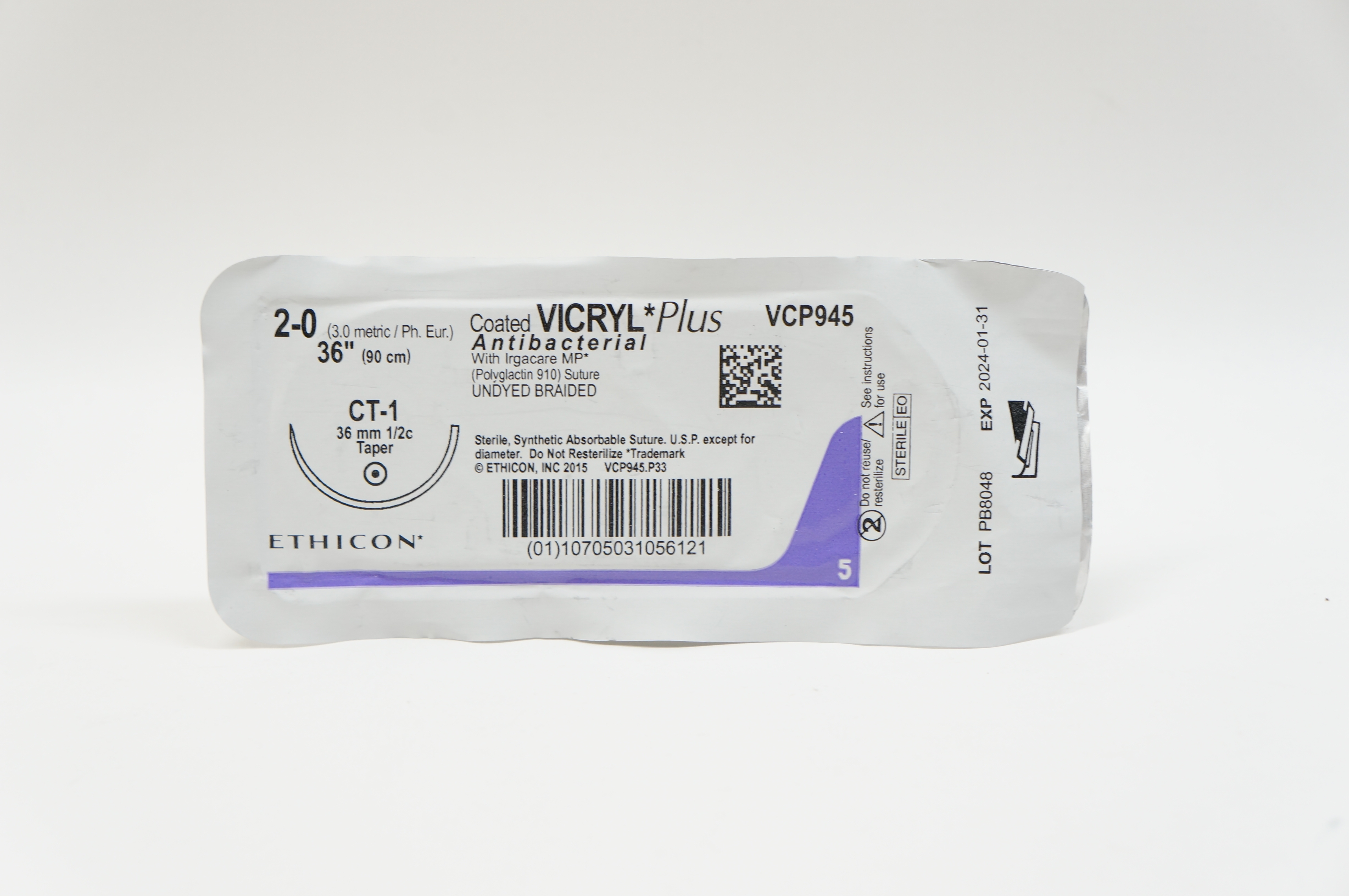 Ethicon VCP945 2-0 VICRYL Plus, CT-1, 36mm 1/2c Taper, 36inch