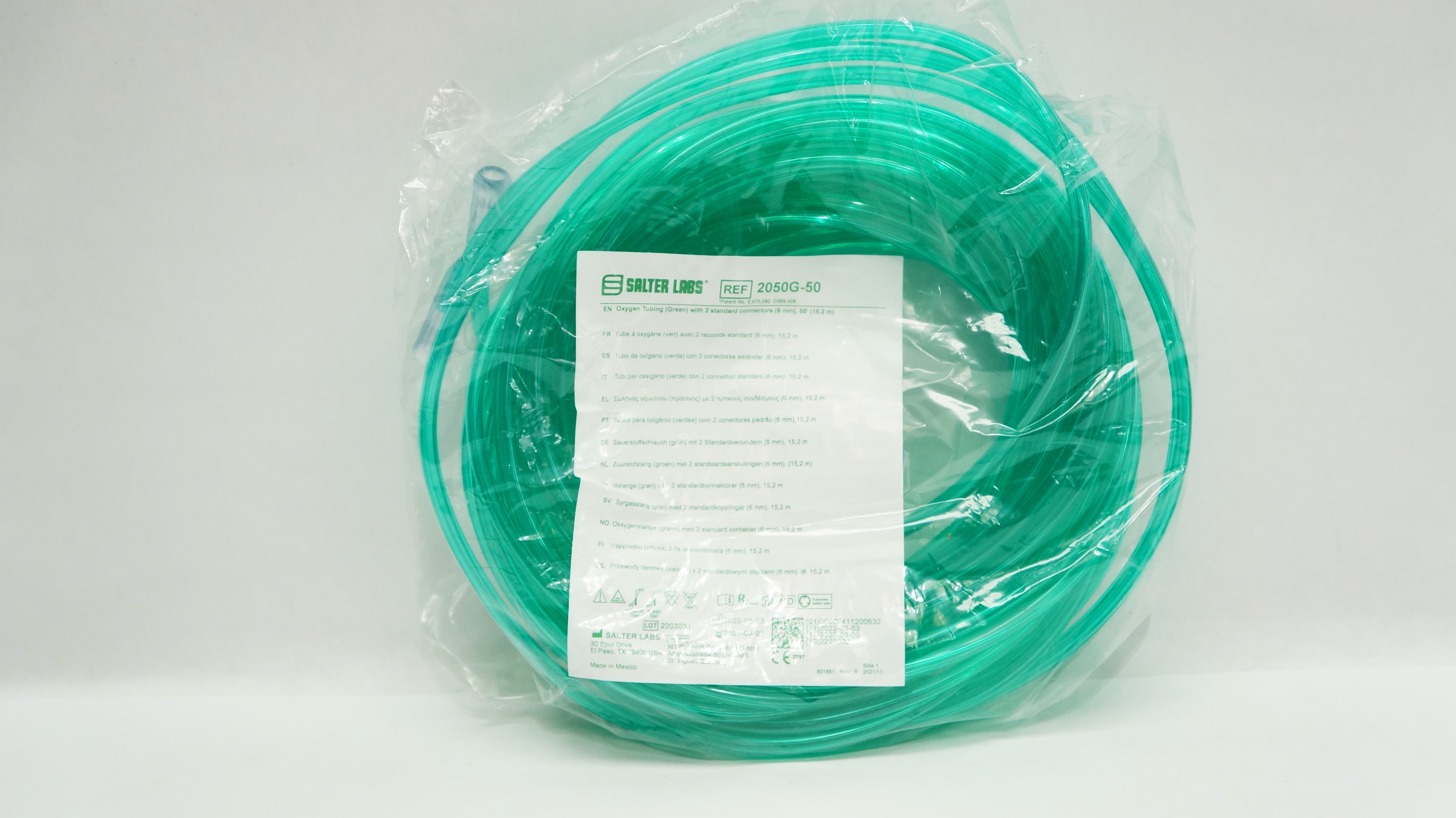 Salter Labs 2050G-50 Oxygen Tubing (Green) w/2Standard Connectors 6mm, 50ft.