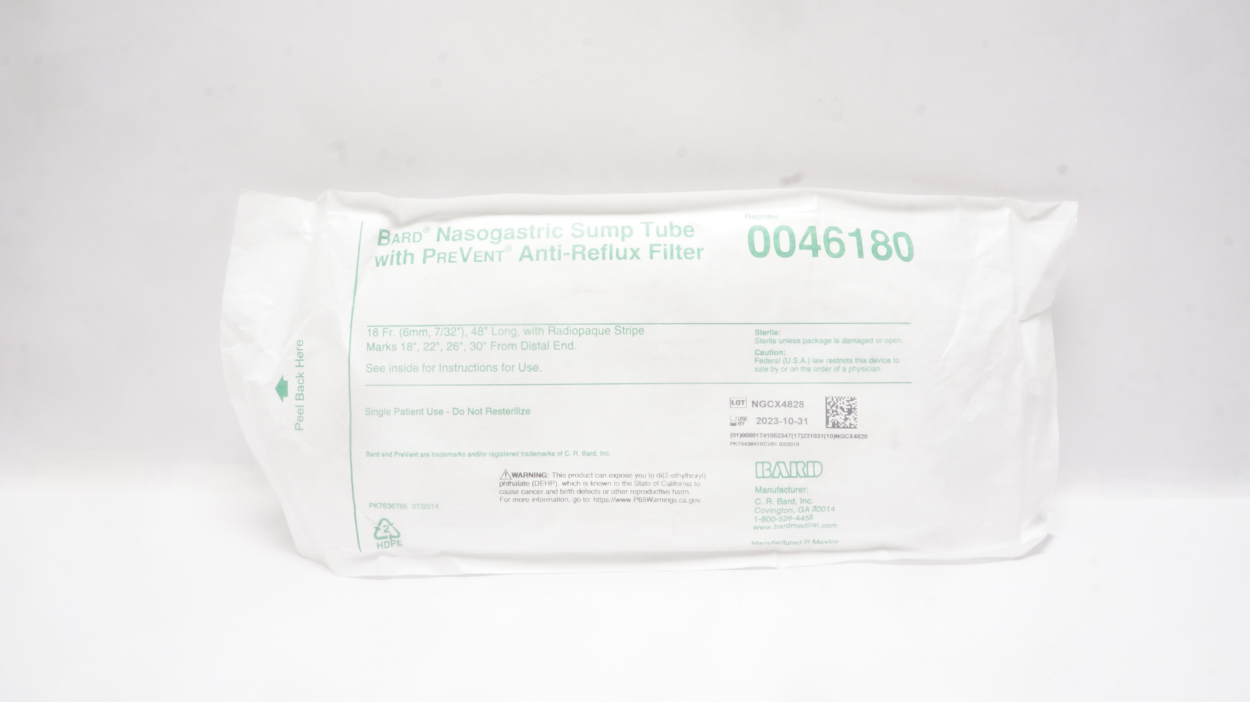 Bard 0046180 Nasogastric Sump Tube With PreVent Anti-Reflux Filter 18Fr.