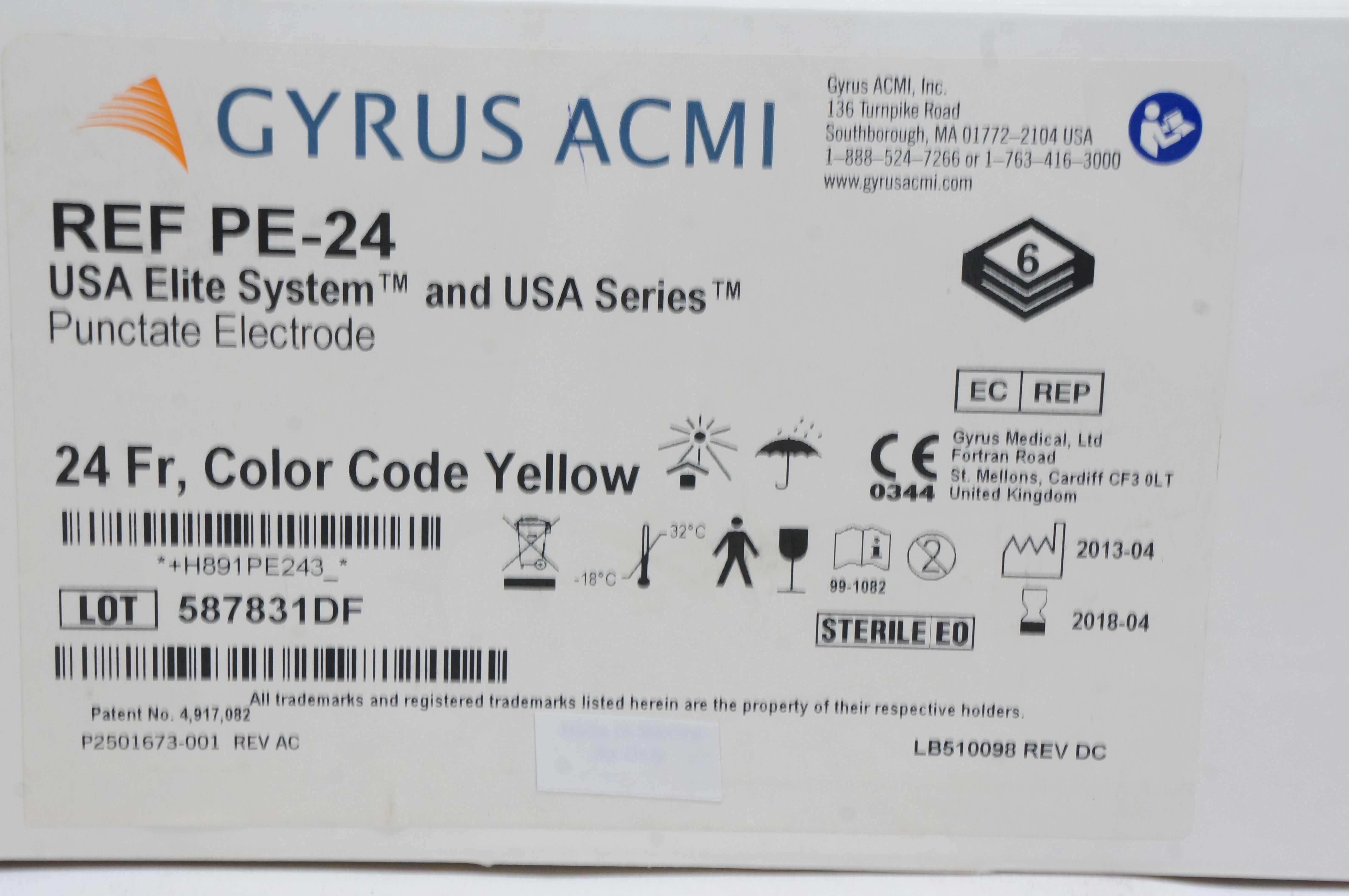 Gyrus ACMI PE24 Punctate Electrode 24Fr., Color Code Yellow (x) Box of 6