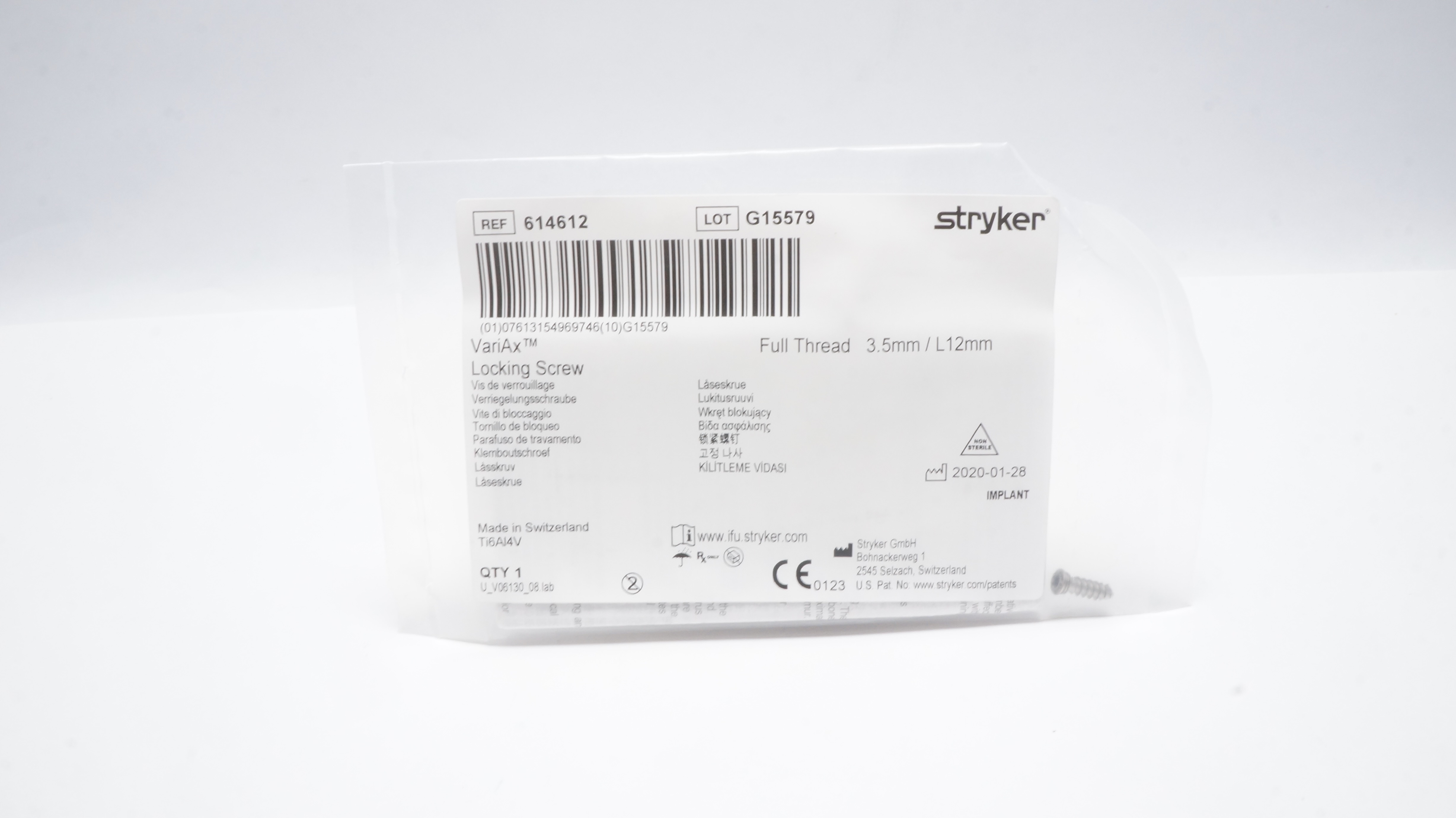 Stryker 614612 VariAx Locking Screw , Full Thread 3.5mm/ L12mm