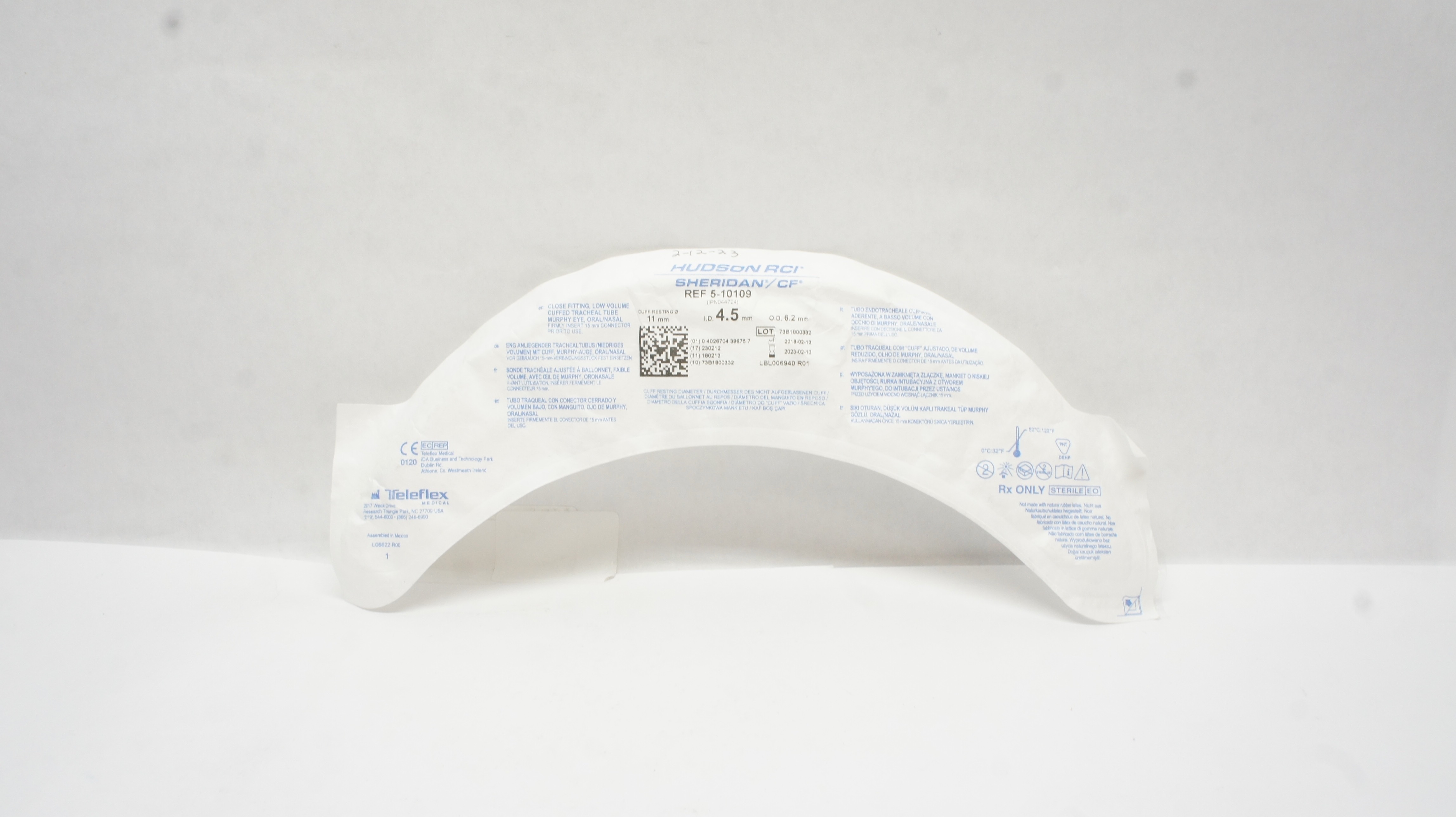 Teleflex 5-10109 Hudson RCI Sheridan Uncuffed Tracheal Tube 4.5mm x 6.2mm