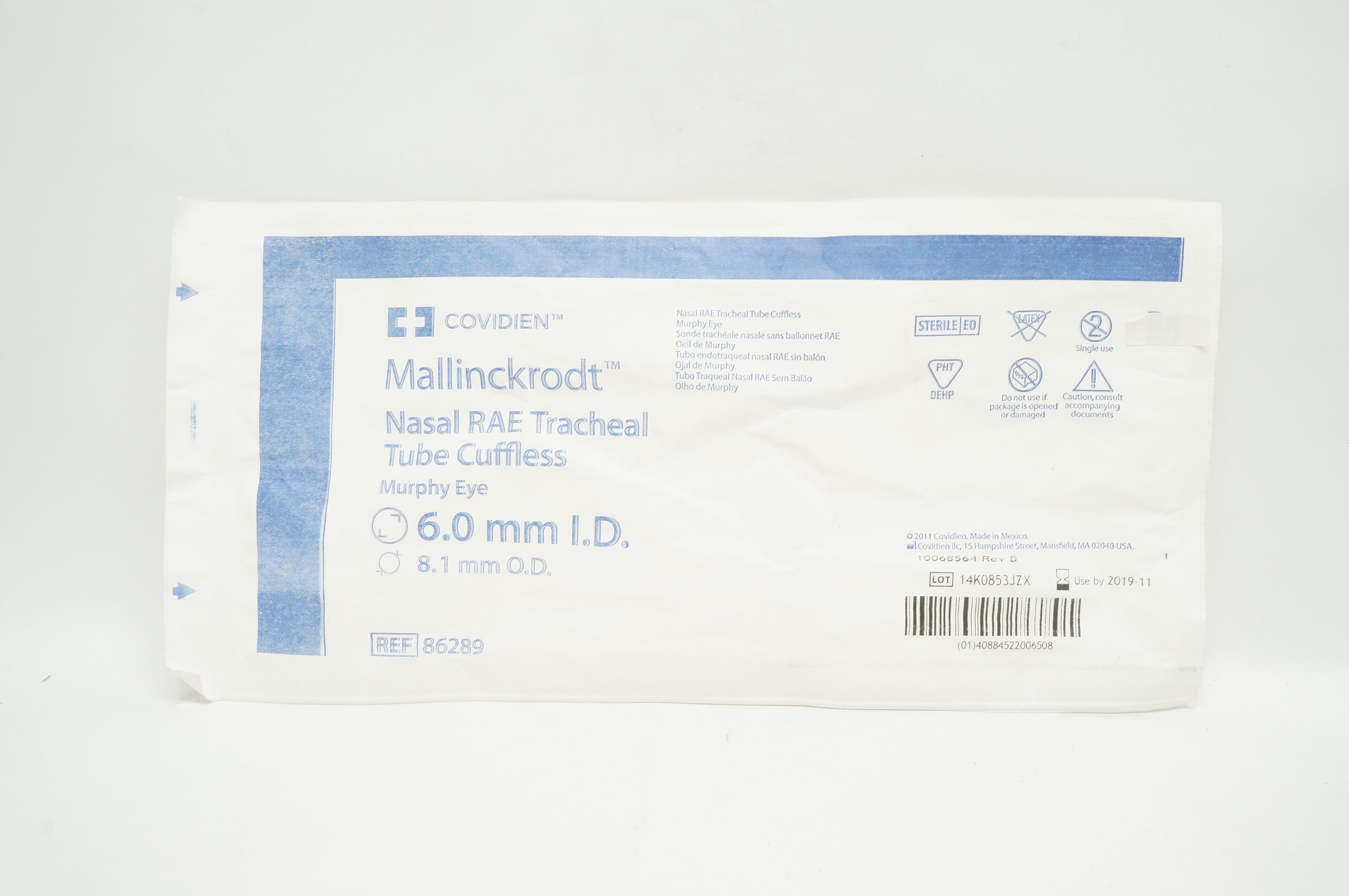Covidien 86289 Mallinckrodt Nasal RAE Tracheal Tube Cuffless 6.0mm x 8