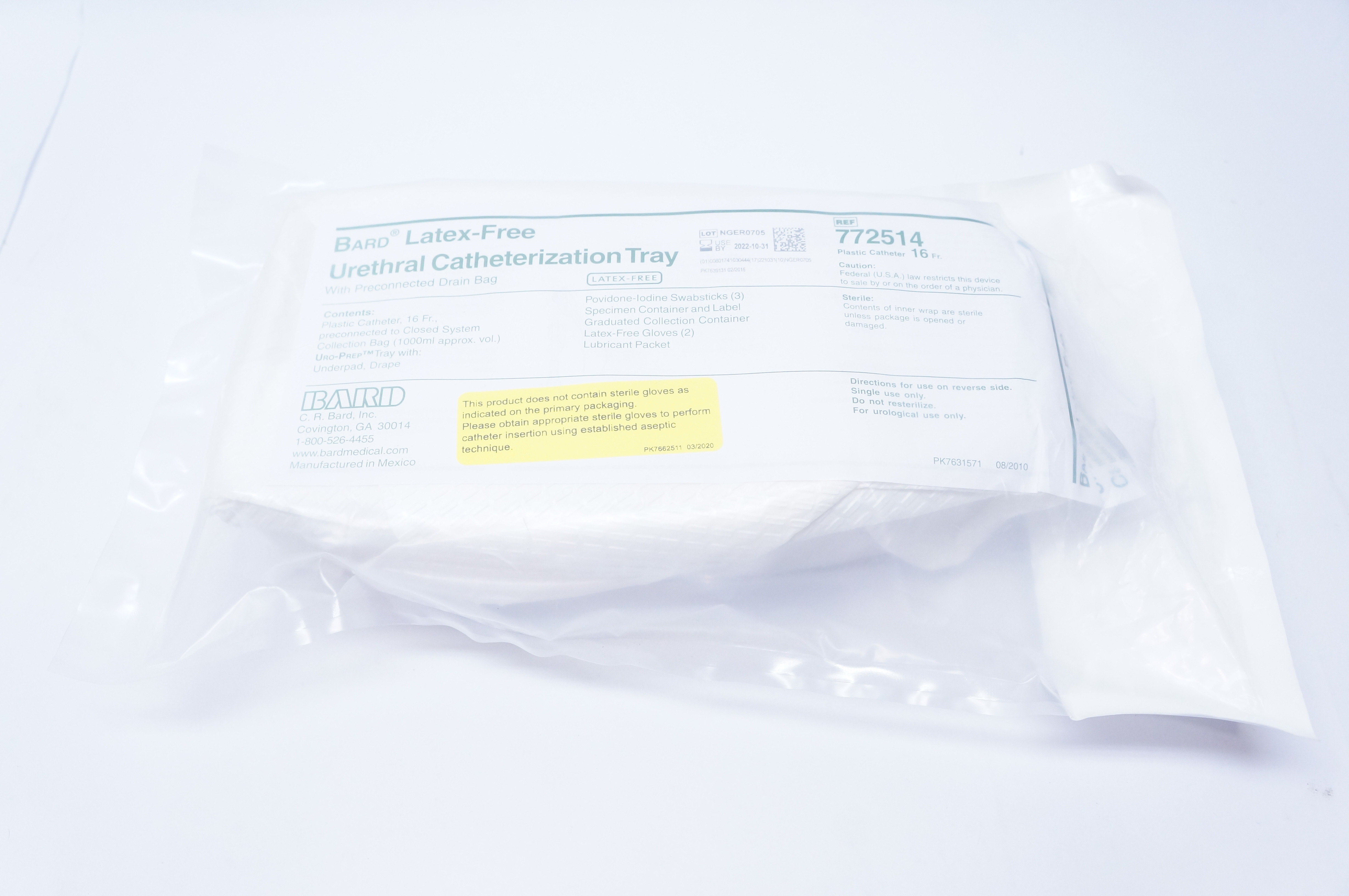 Bard 772514 Latex-Free Urethral Catheterization Tray Plastic Cath. 16Fr.