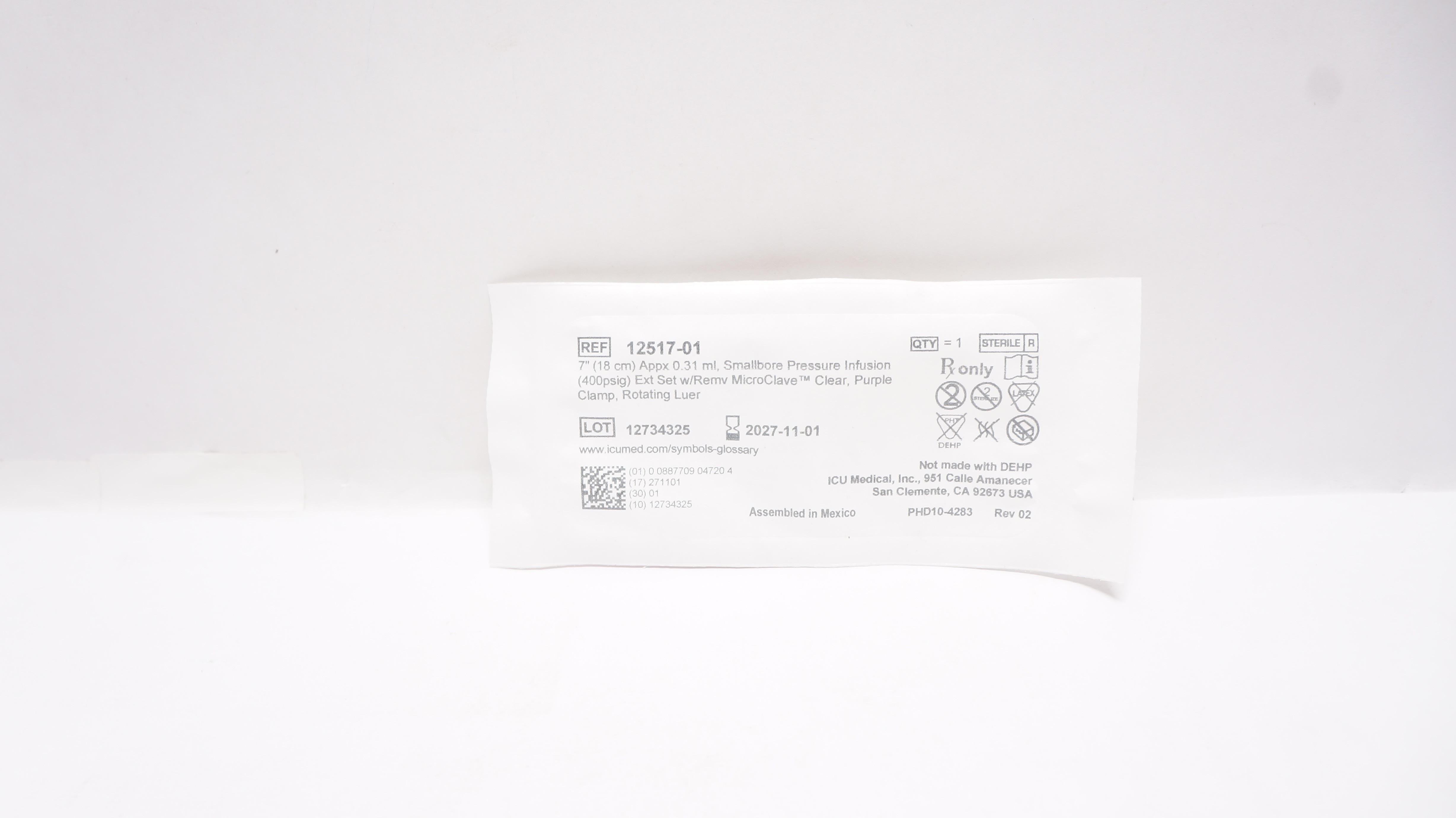 ICU Medical 12517-01 Smallbore Pressure Infusion Extension Set 7inch x 0.31ml