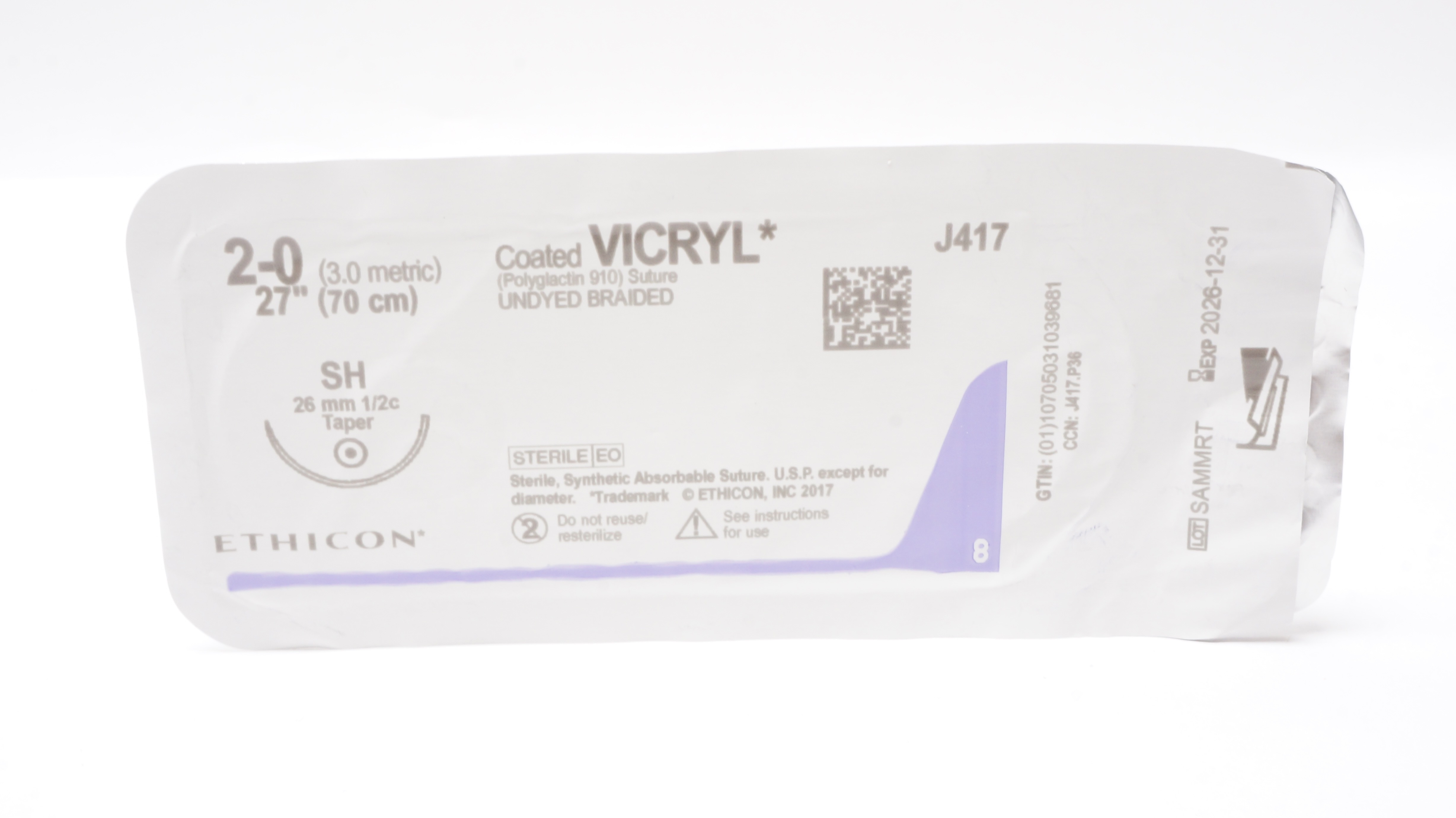 Ethicon J417 2-0 Coated VICRYL Braided Stre SH 26mm 1/2c Taper, 27inch