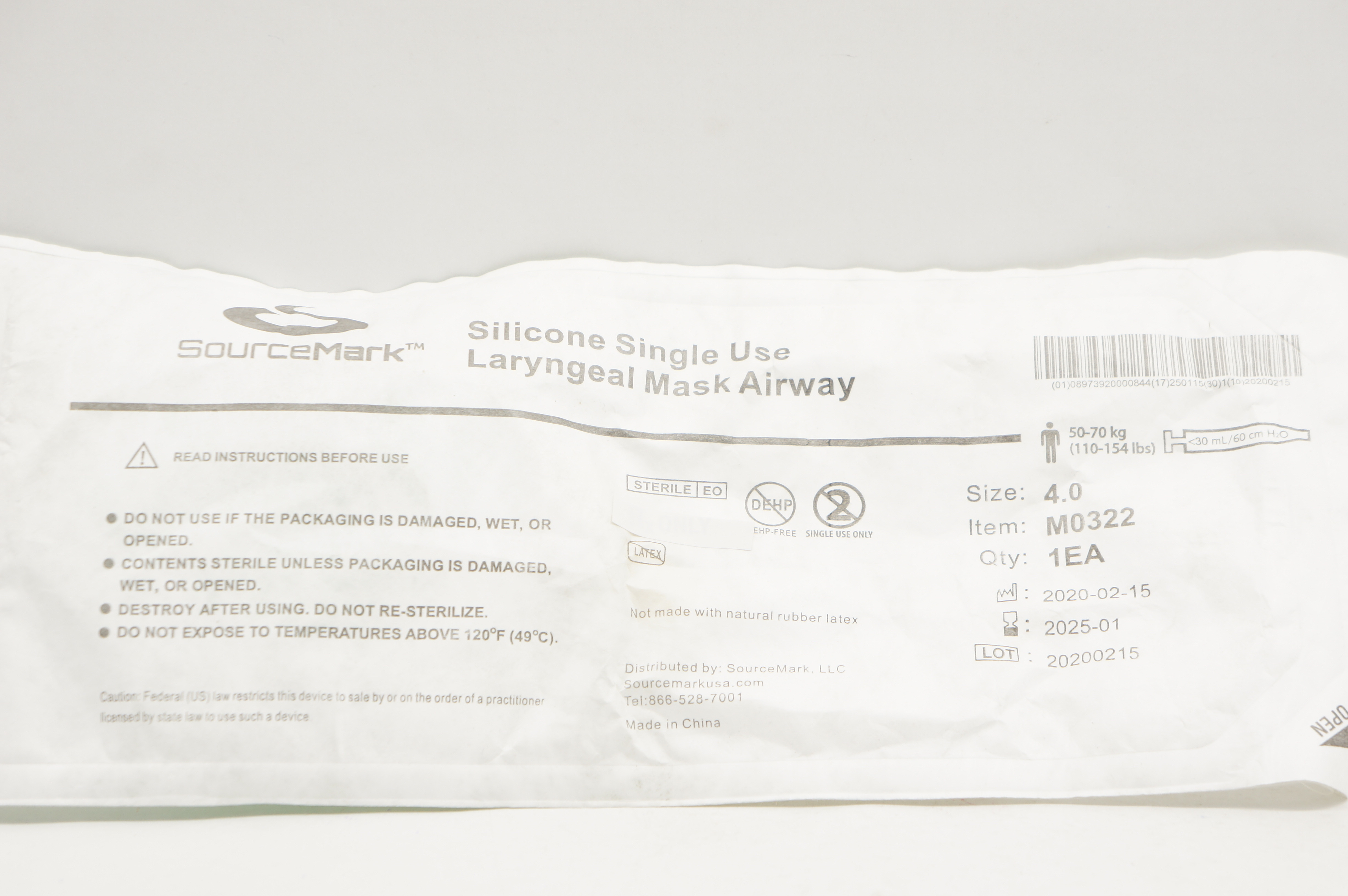 SourseMark M0322 Laryngeal Mask Airway Size 4.0 (110-154 lbs) < 30mL/60cm H2O