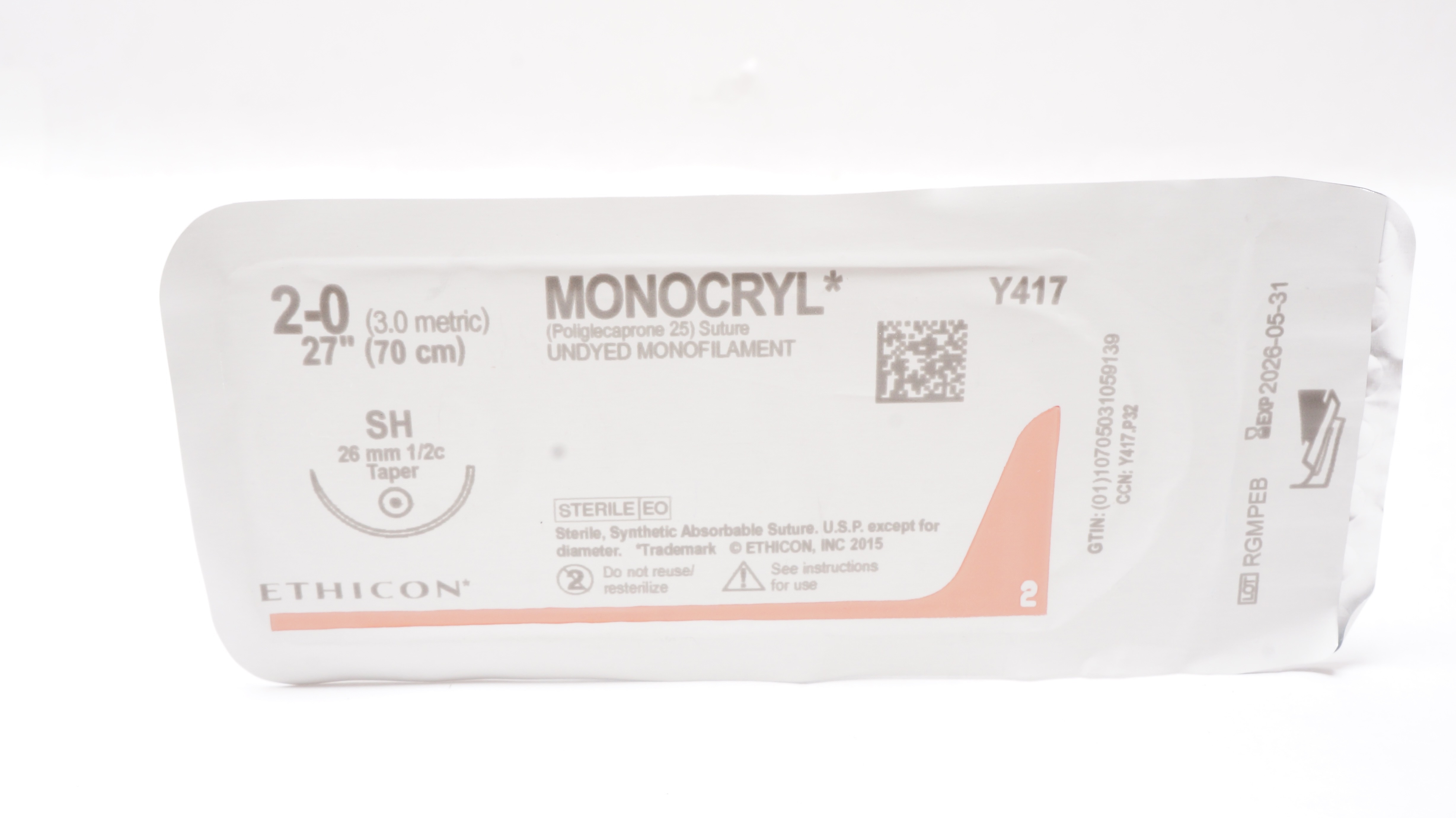 Ethicon Y417 2-0 MONOCRYL, Undyed Monofilament, SH, 26mm1/2c Taper, 27inch