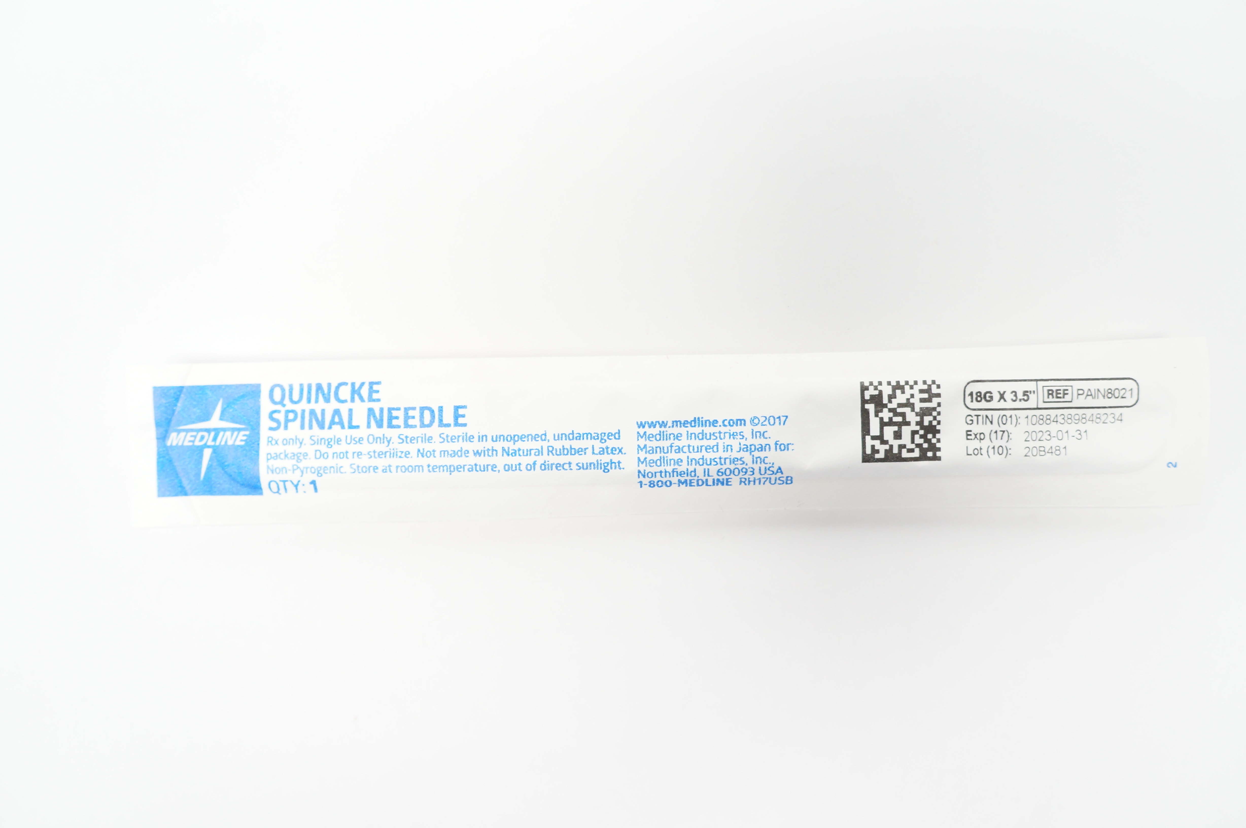 Medline PAIN8021 Quincke Spinal Ndle 18G x 3.5inch
