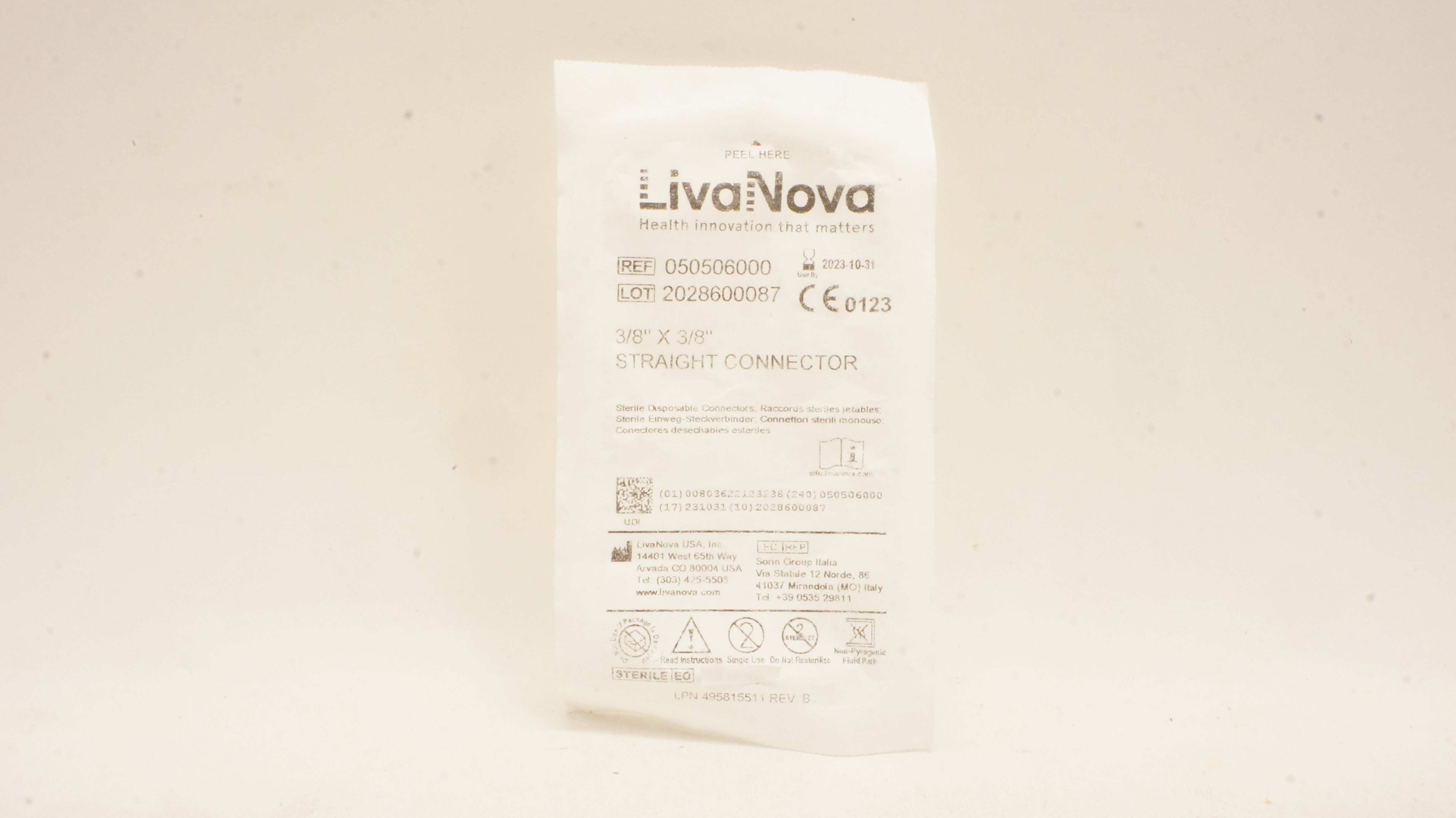 Sorin Group 050506000 LivaNova Straight Connector 3/8 x 3/8inch