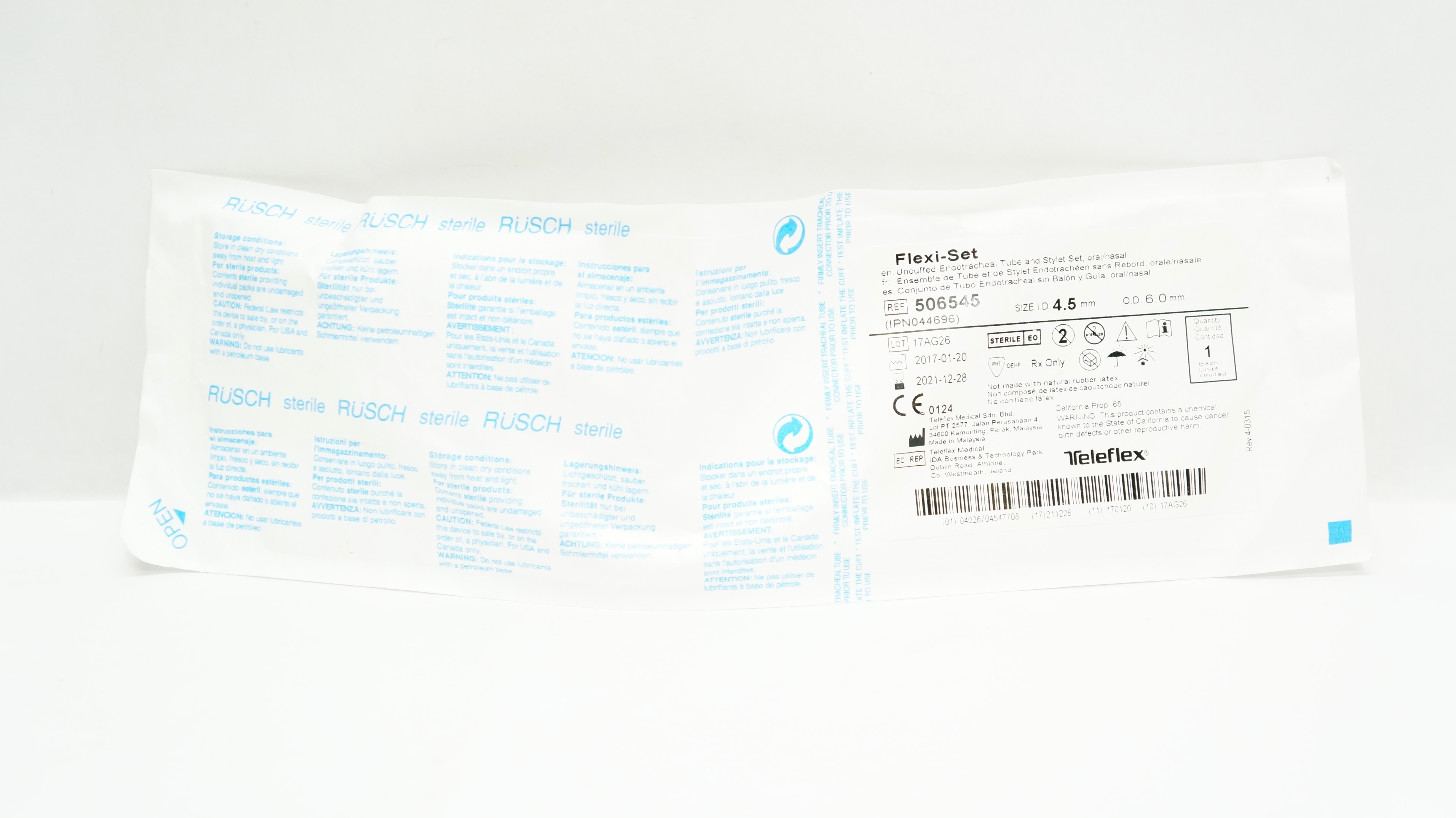 Teleflex 506545 Flexi-Set Uncuffed Endotracheal Tube & Stylet Set 4.5 x 6.0mm(x)