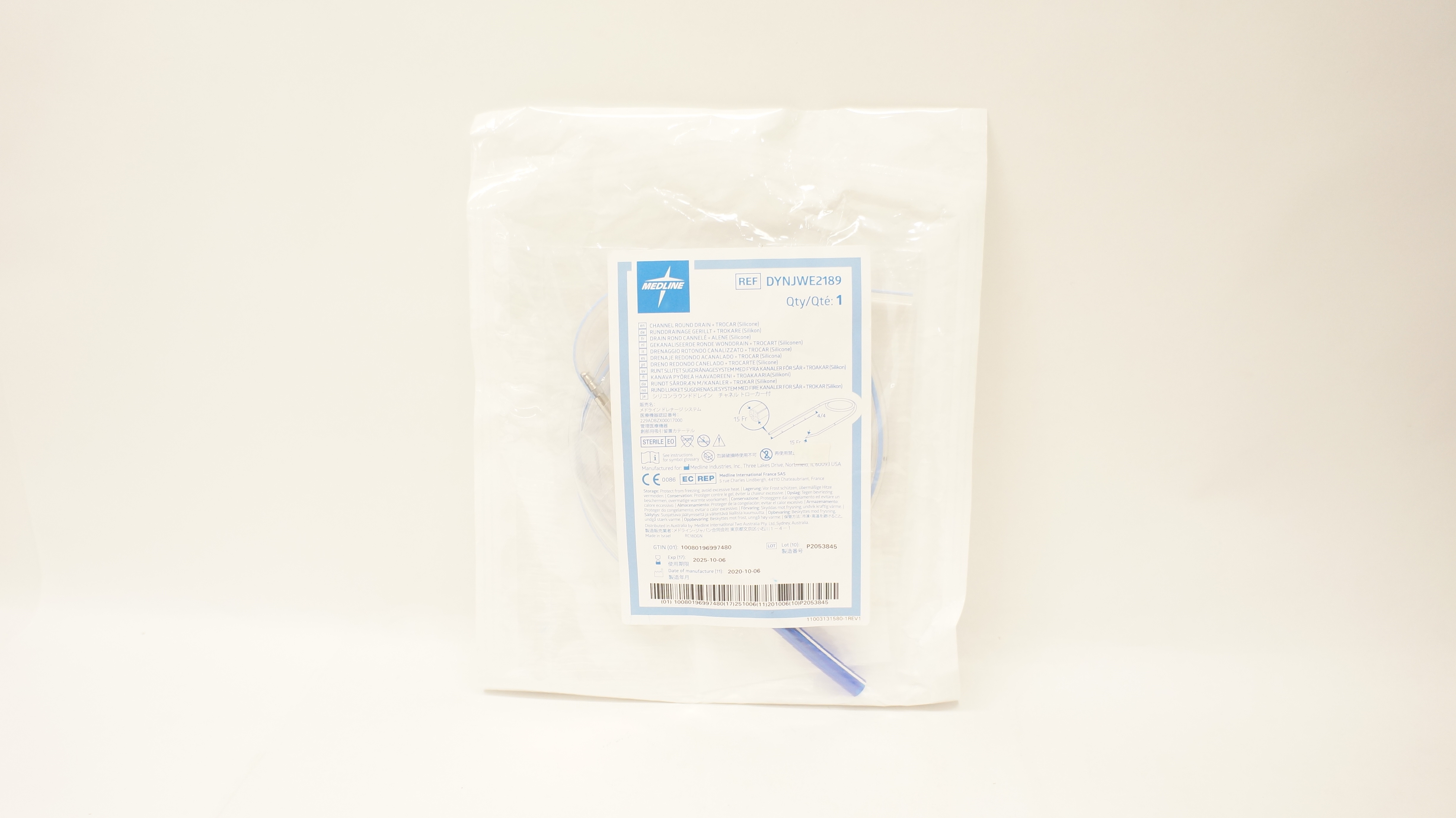 Medline DYNJWE2189 Channel Round Drain - Trocar Silicone 15Fr
