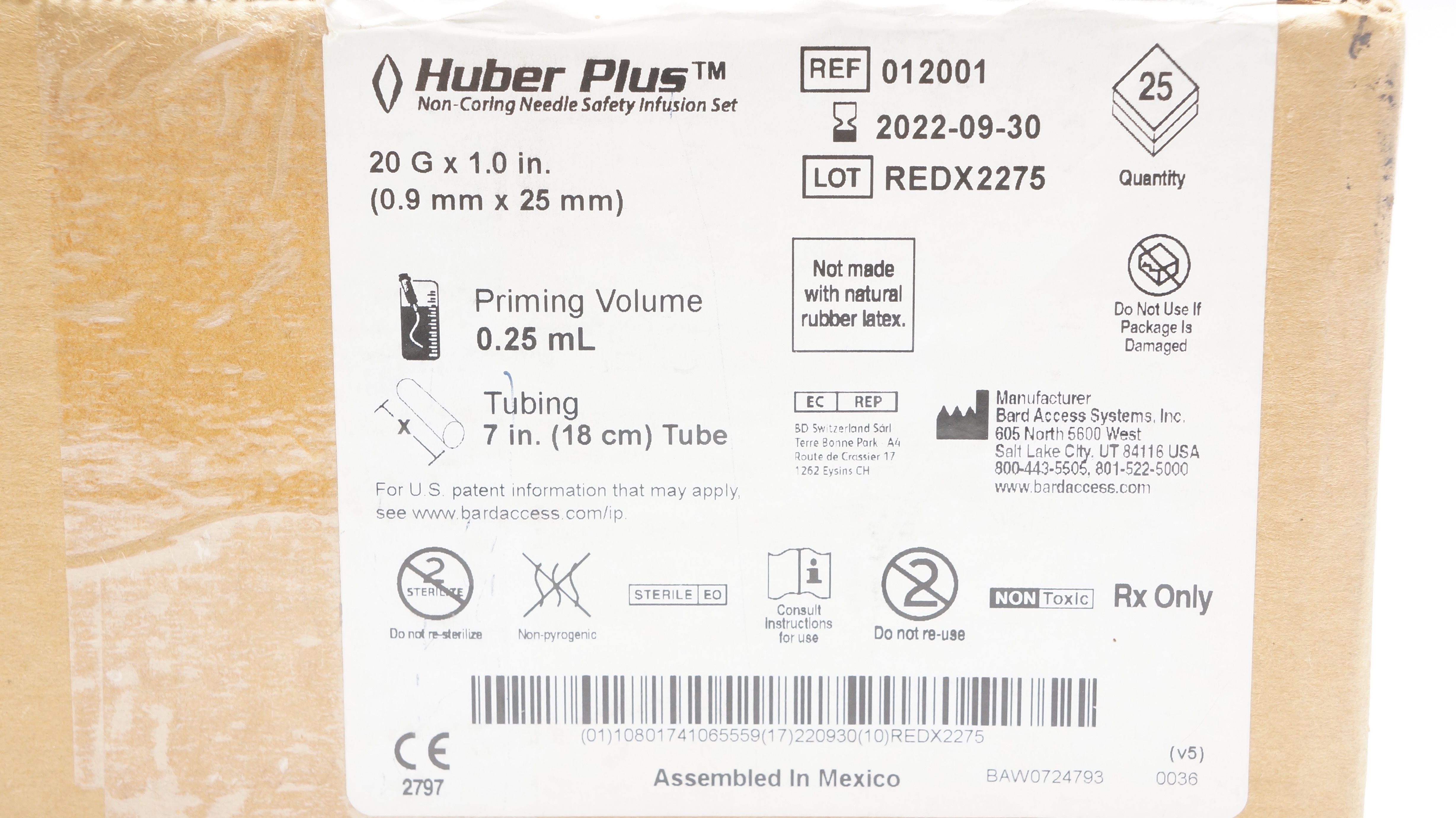Bard 012001 Huber Plus Ndle Safety Infusion Set 20G x 1inch (x) - Box of 25