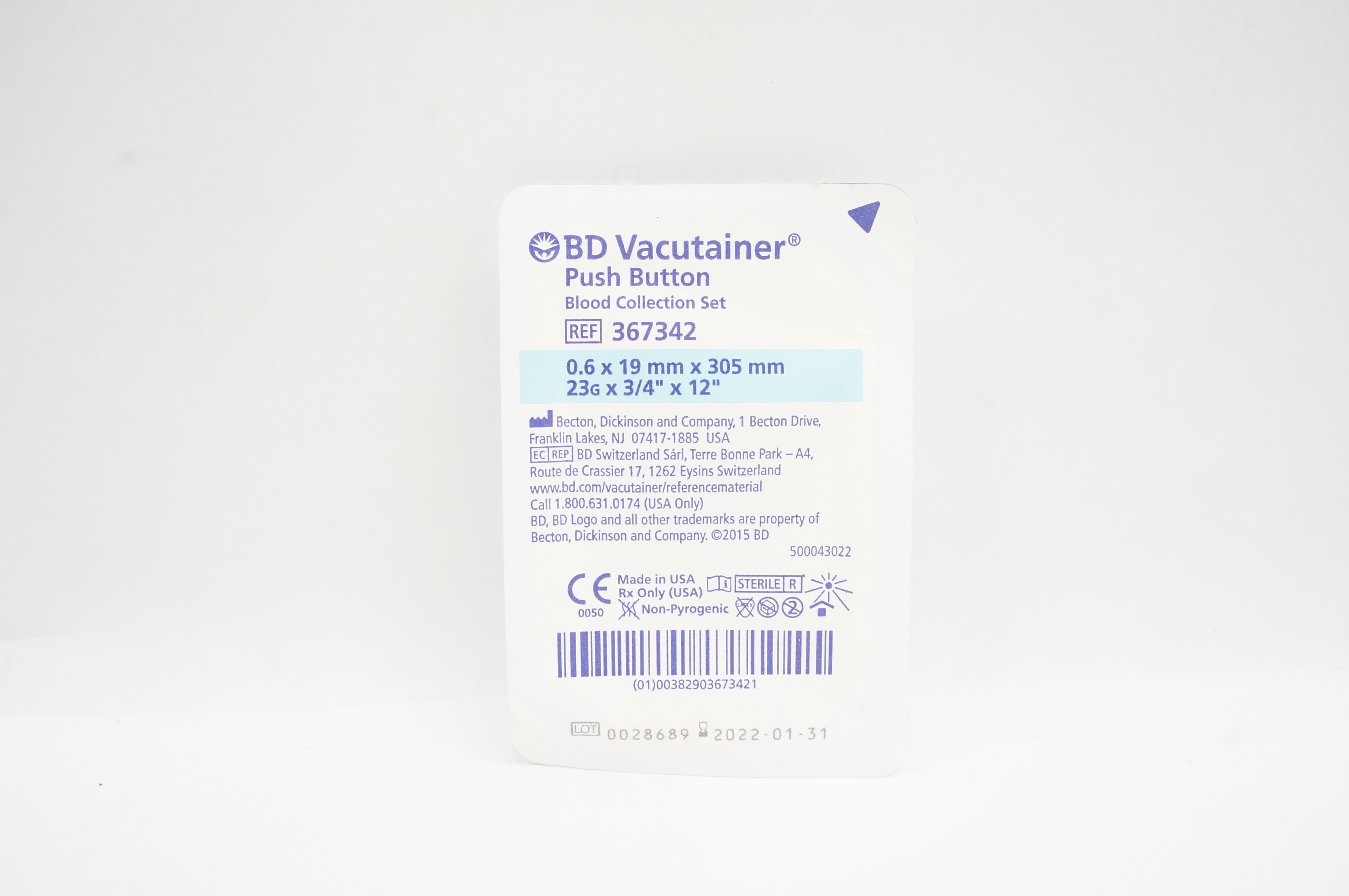 BD 367342 Vacutainer Push Button Blood Collection Set 23G x 3/4inch x 12inch (x)