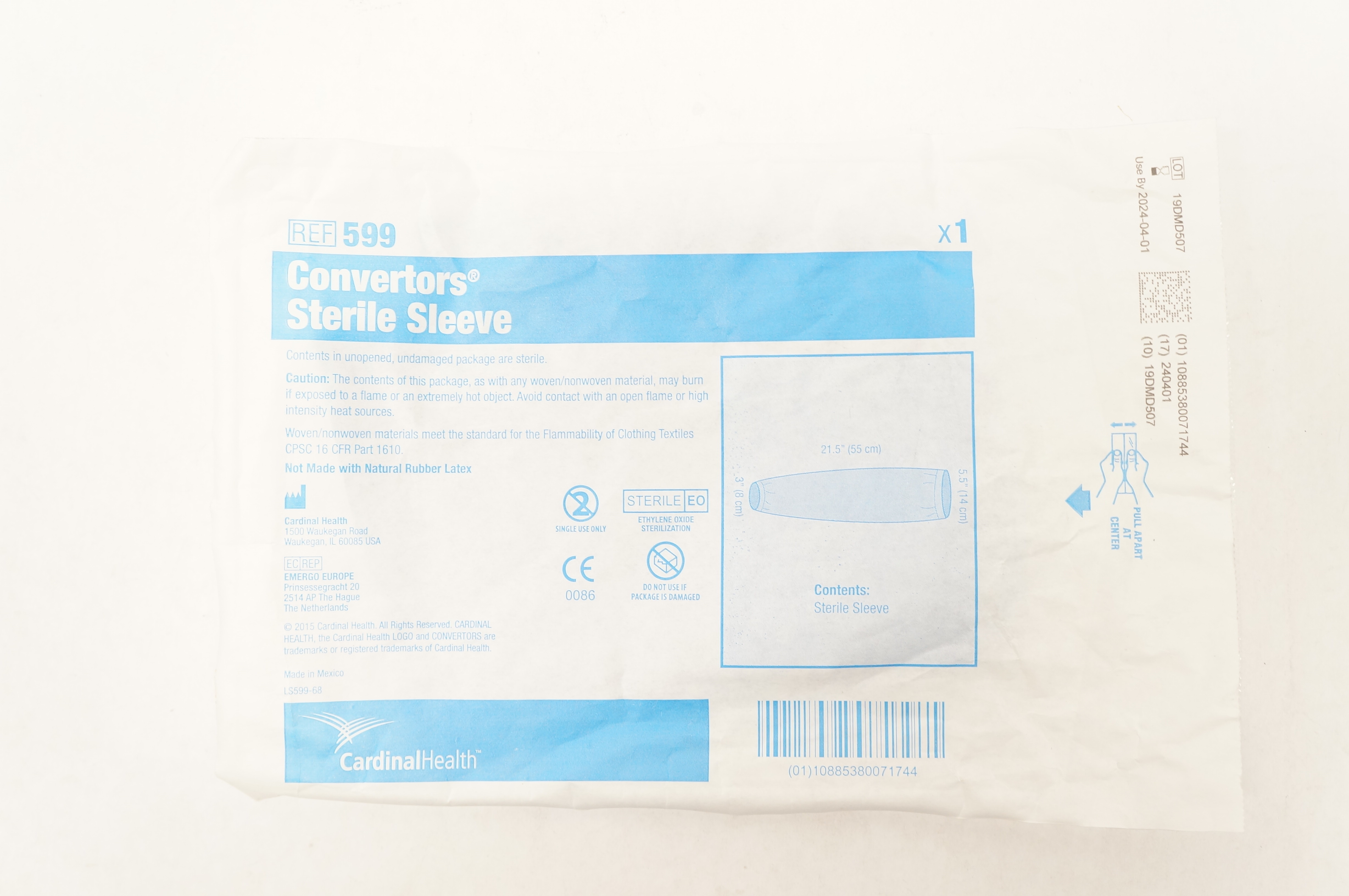 Cardinal Health 599 Convertors Sterile Sleeve 3 inch x 21 inch x 5.5 inch