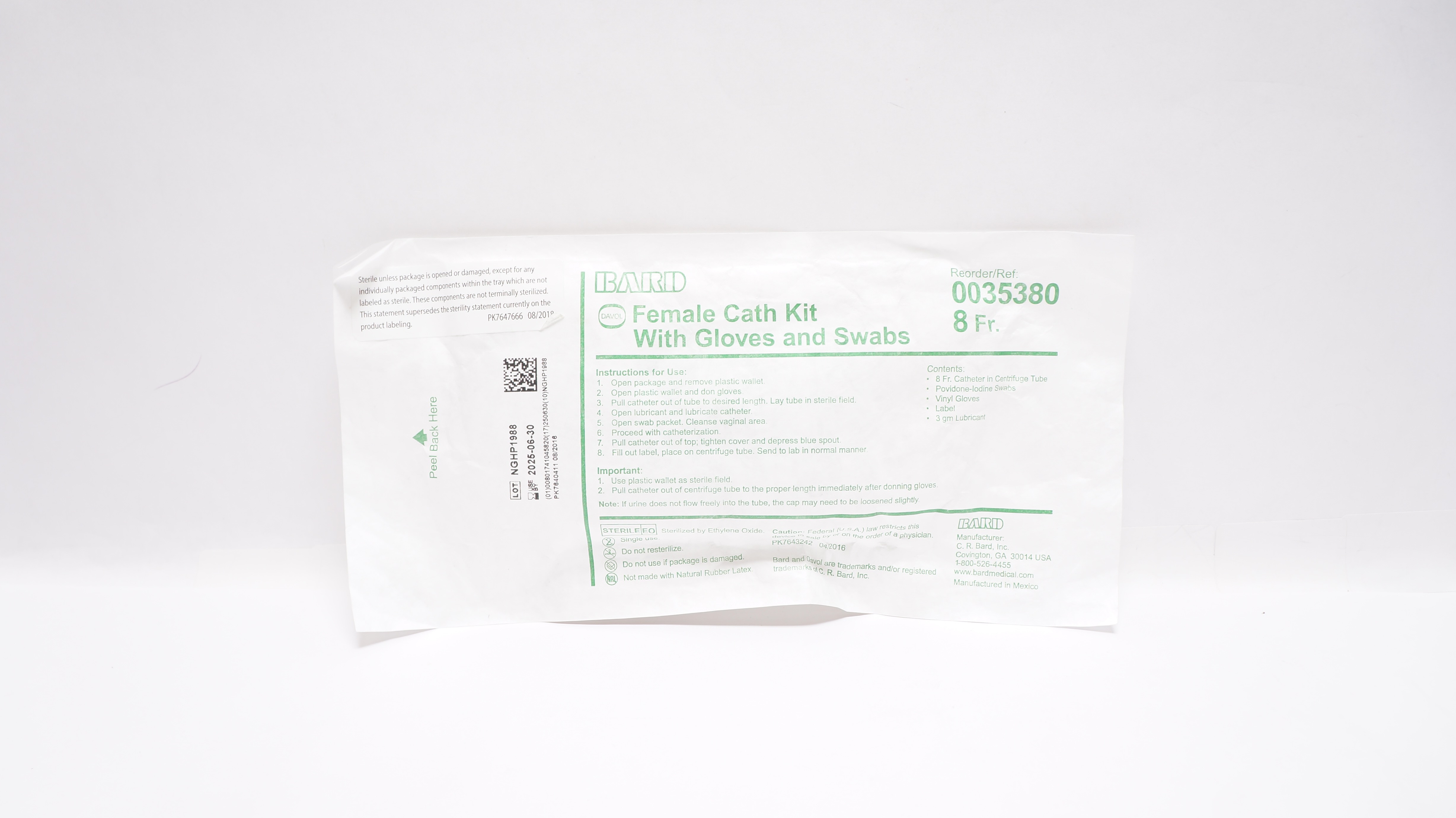 Bard 0035380 Female Cath Kit With Gloves and Swabs 8Fr