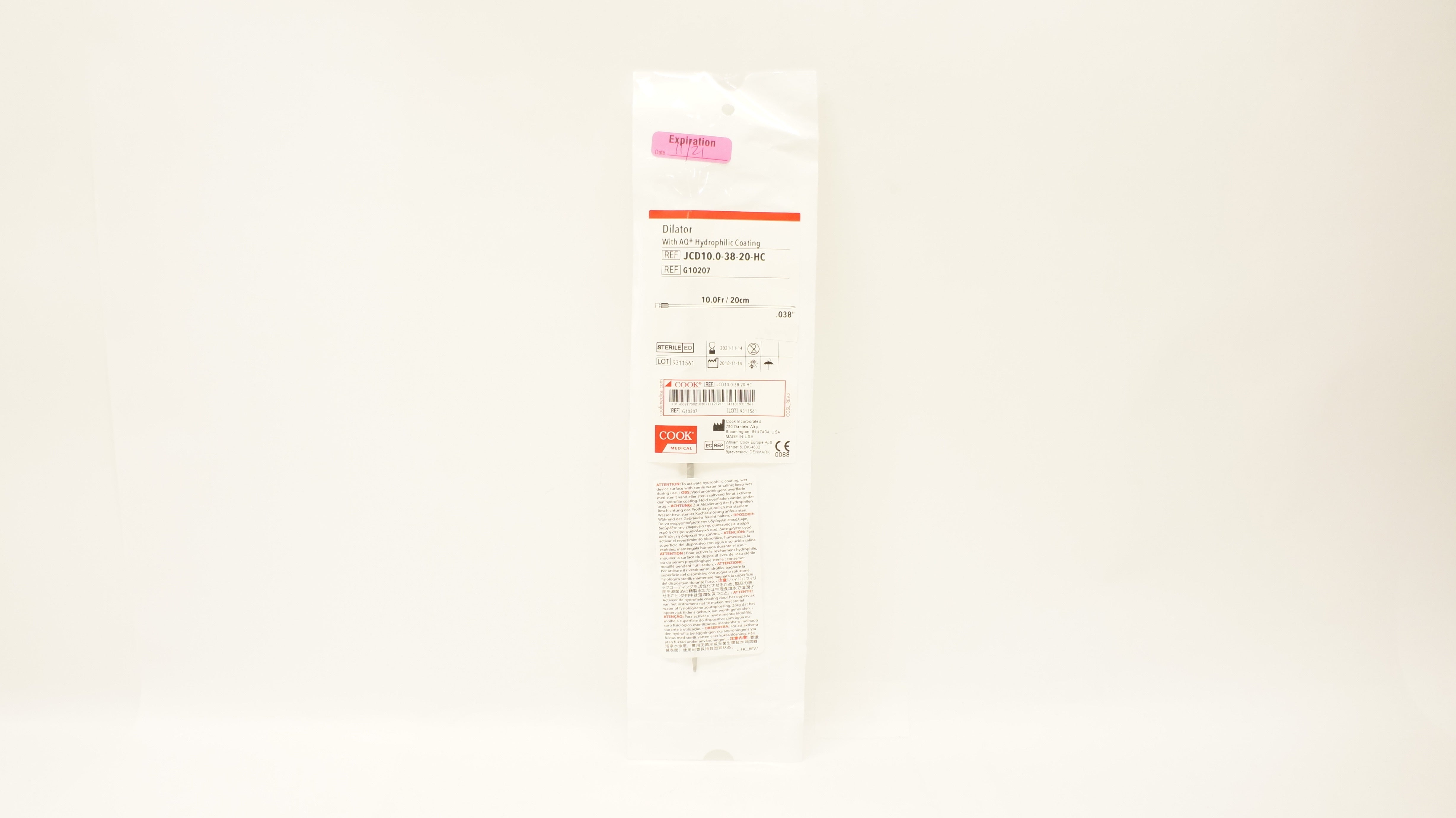 Cook Medical G10207 Dilator w/AQ Hydrophilic Coating 10.0Fr x 20cm x .038inch(x)