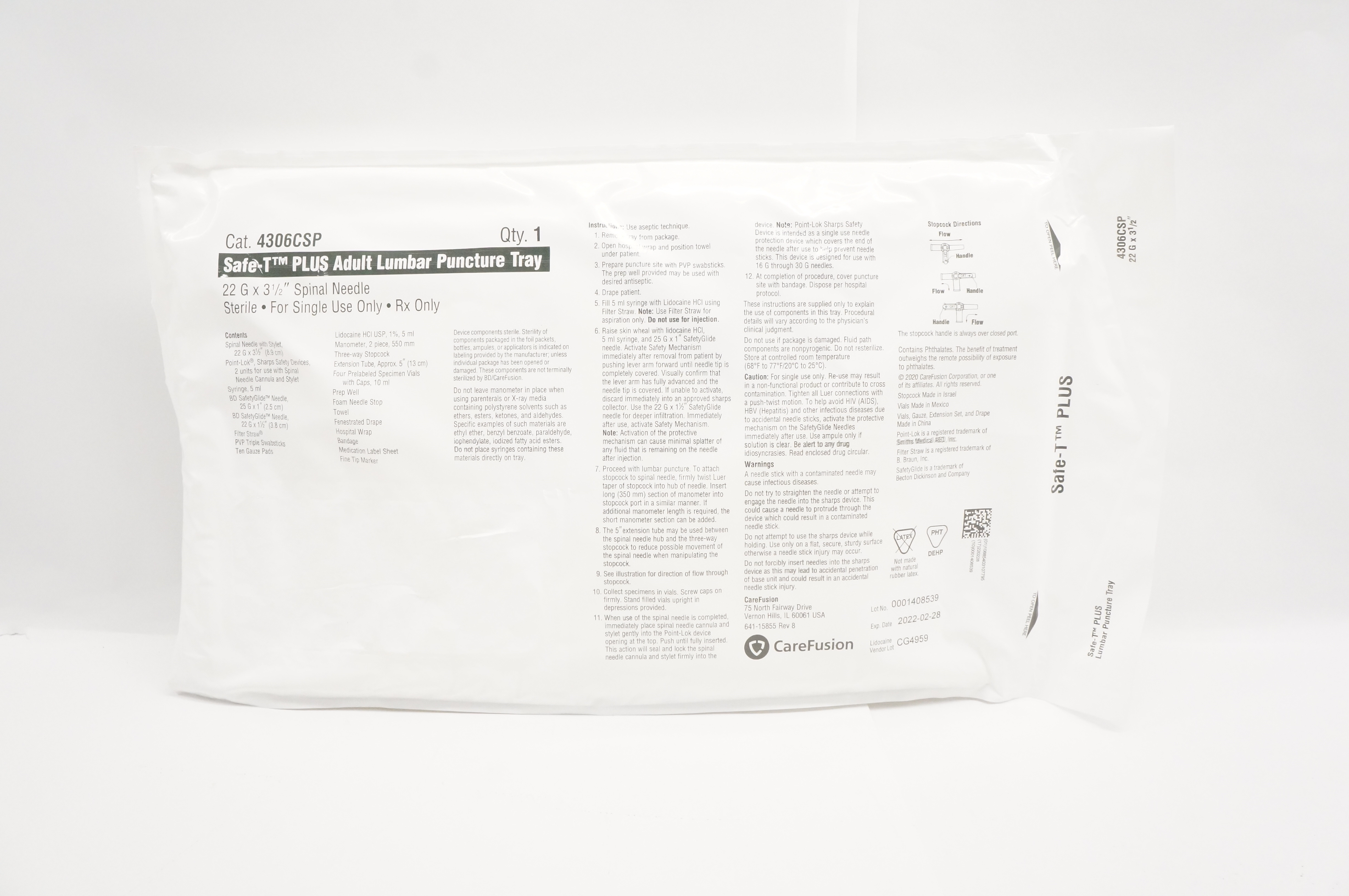 CareFusion 4306CSP SafeT Plus Adult Lumbar Puncture Tray, Ndle 22G x 3