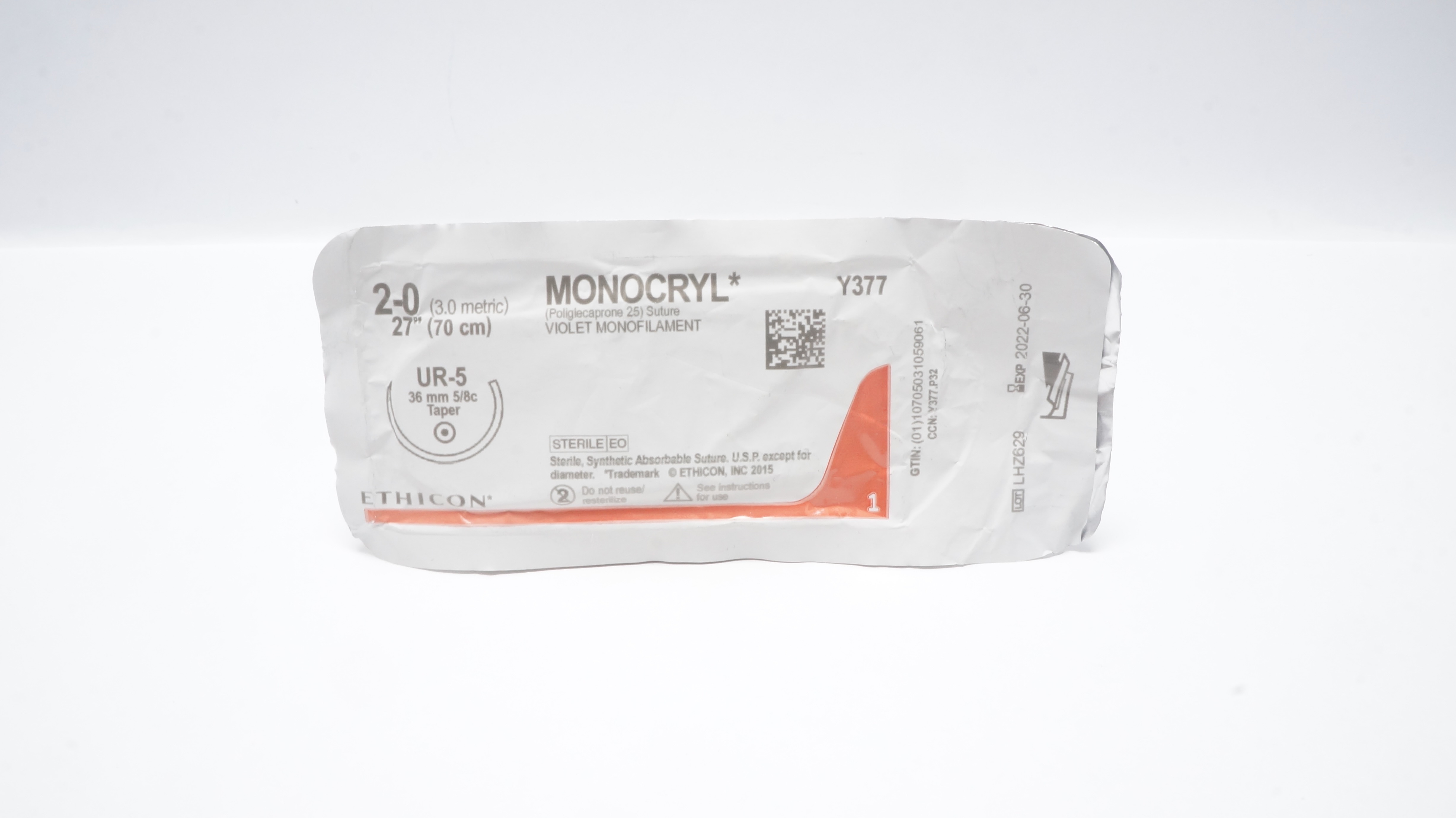 Ethicon Y377 2-0 MONOCRYL Stre UR-5 36mm 5/8c Taper 27inch (x)