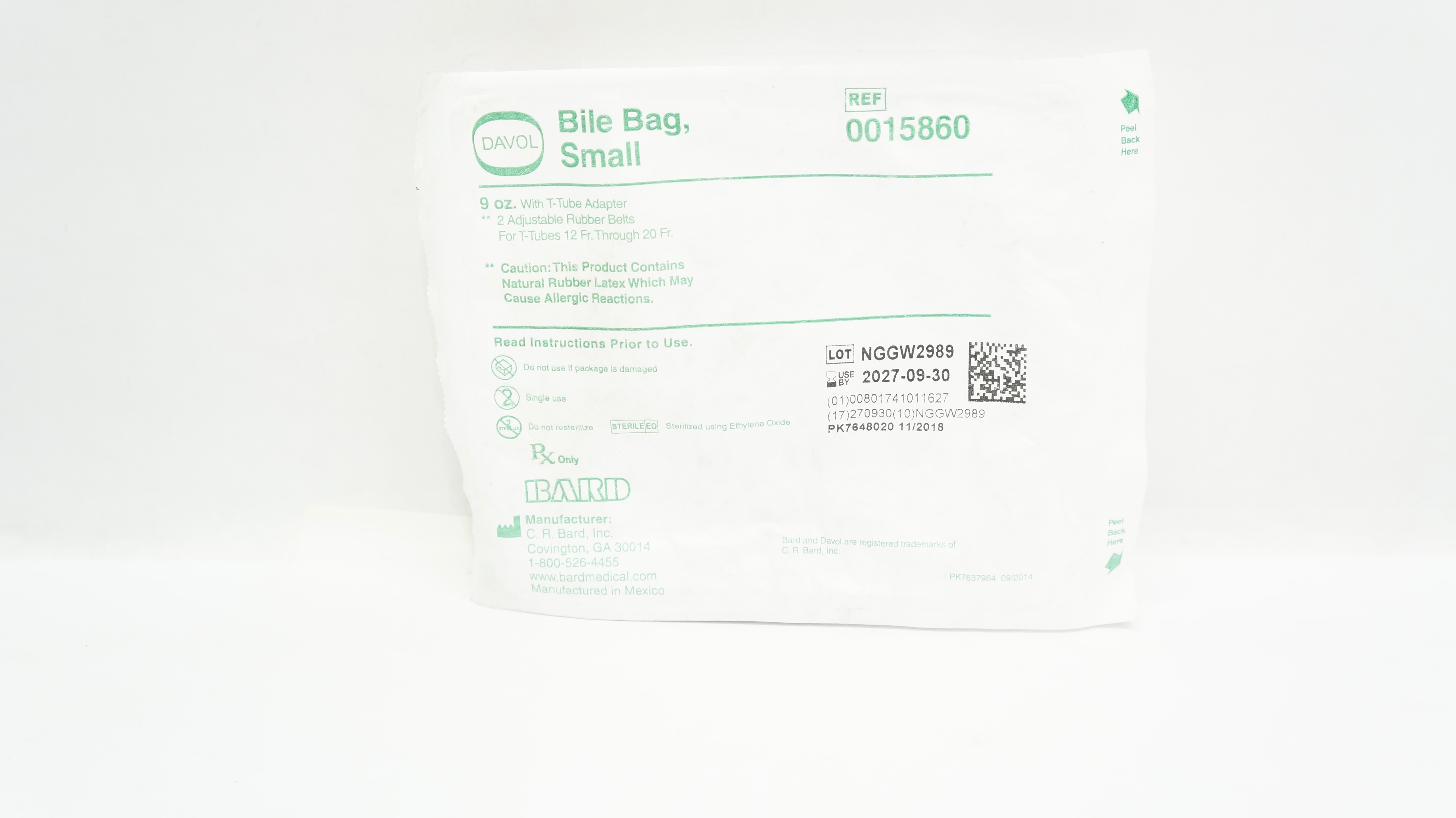 Bard 0015860 Davol Bile Bag Small 9oz. with T-Tube Adapter