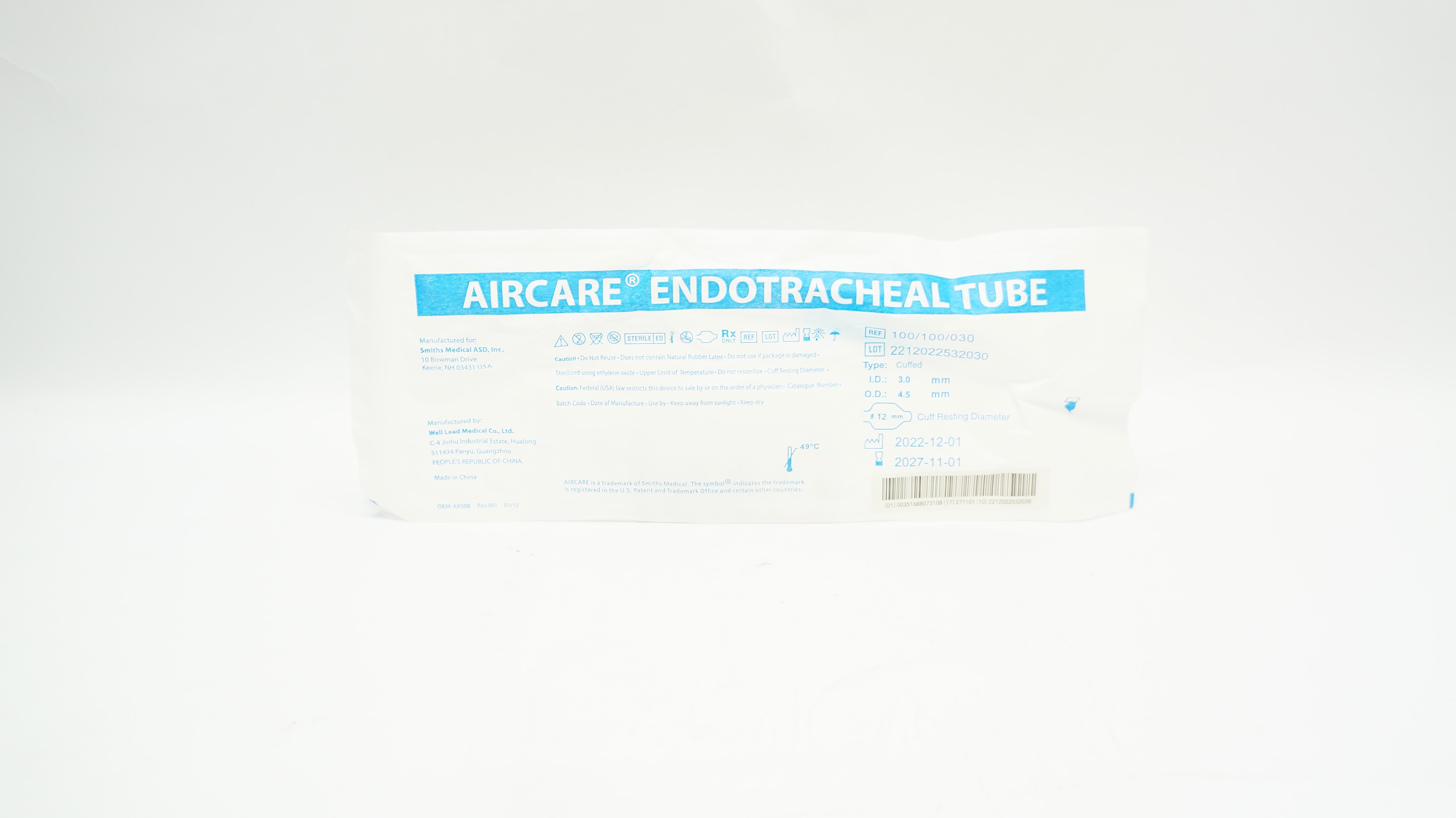 Well Lead Medical 100/100/030 Airfare Endotracheal Tube Cuffed, 3.0 x 4.5mm,12mm
