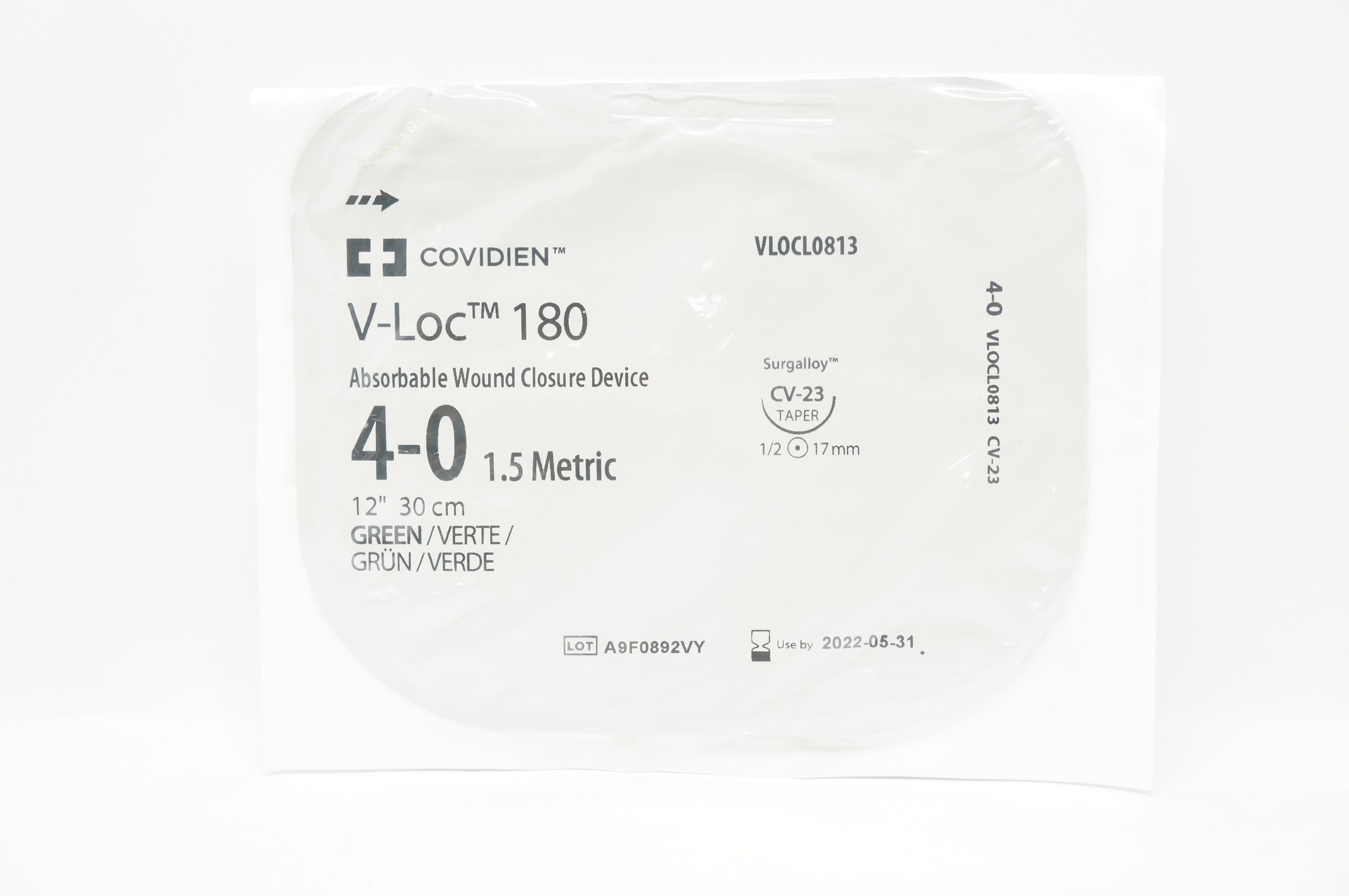 Covidien VLOCL0813, 4-0 V-Loc 180 Green, CV-23 1/2c 17mm Taper, 12inch