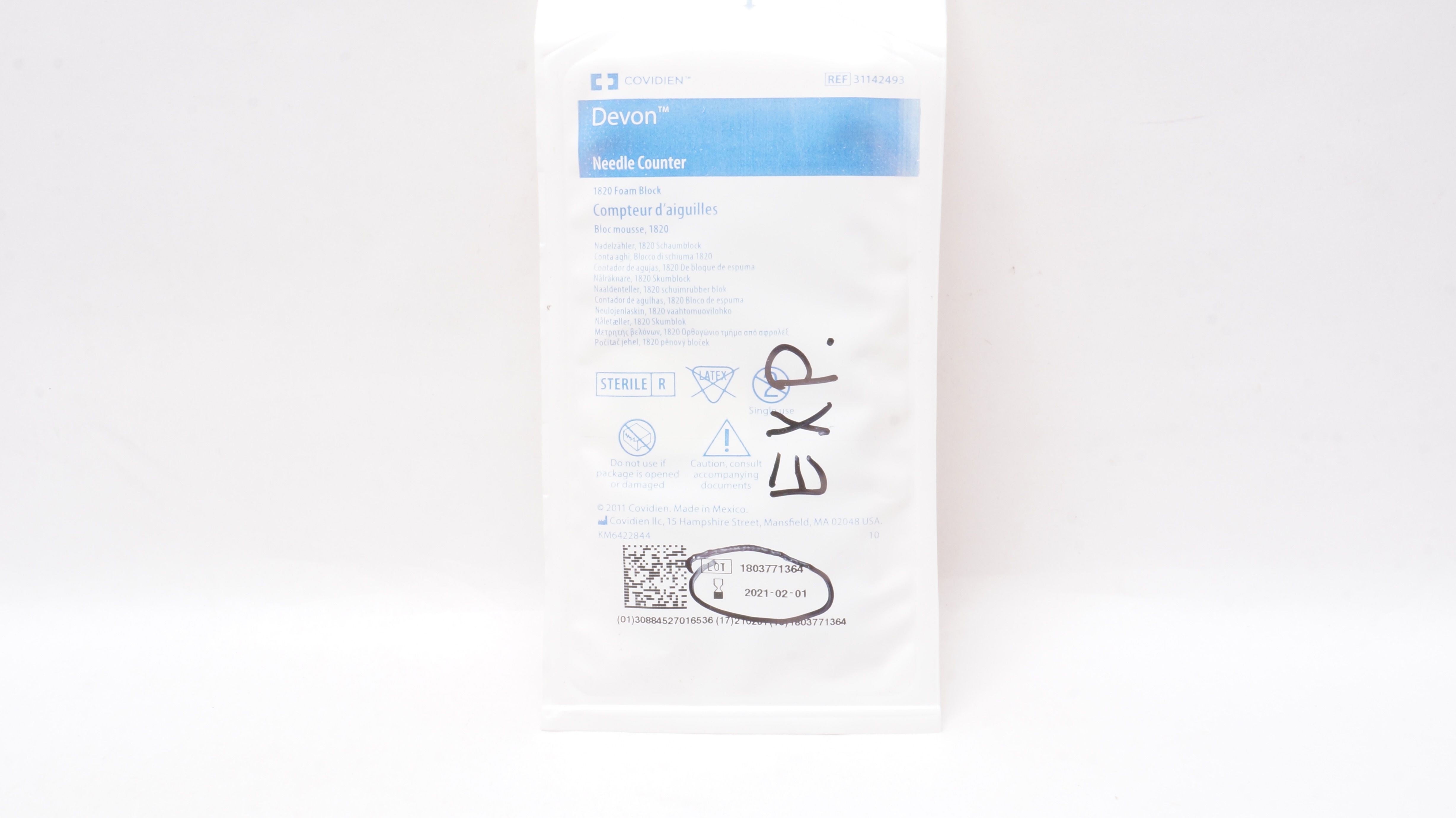 Covidien 31142493 Devon Ndle Counter 1820 Foam Block (x)