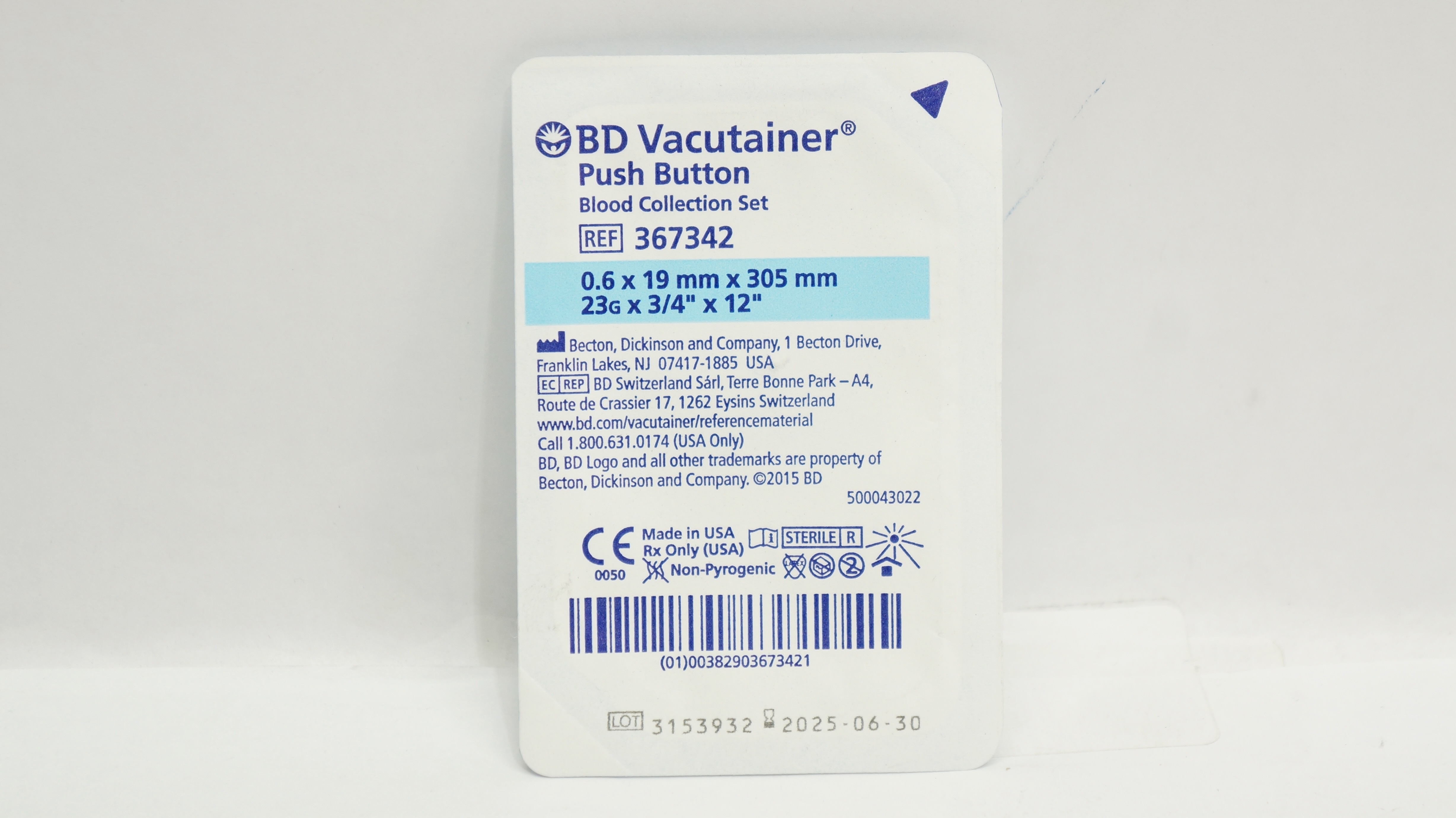 BD 367342 Vacutainer Push Button Blood Collection Set 23G x 3/4inch x 12inch