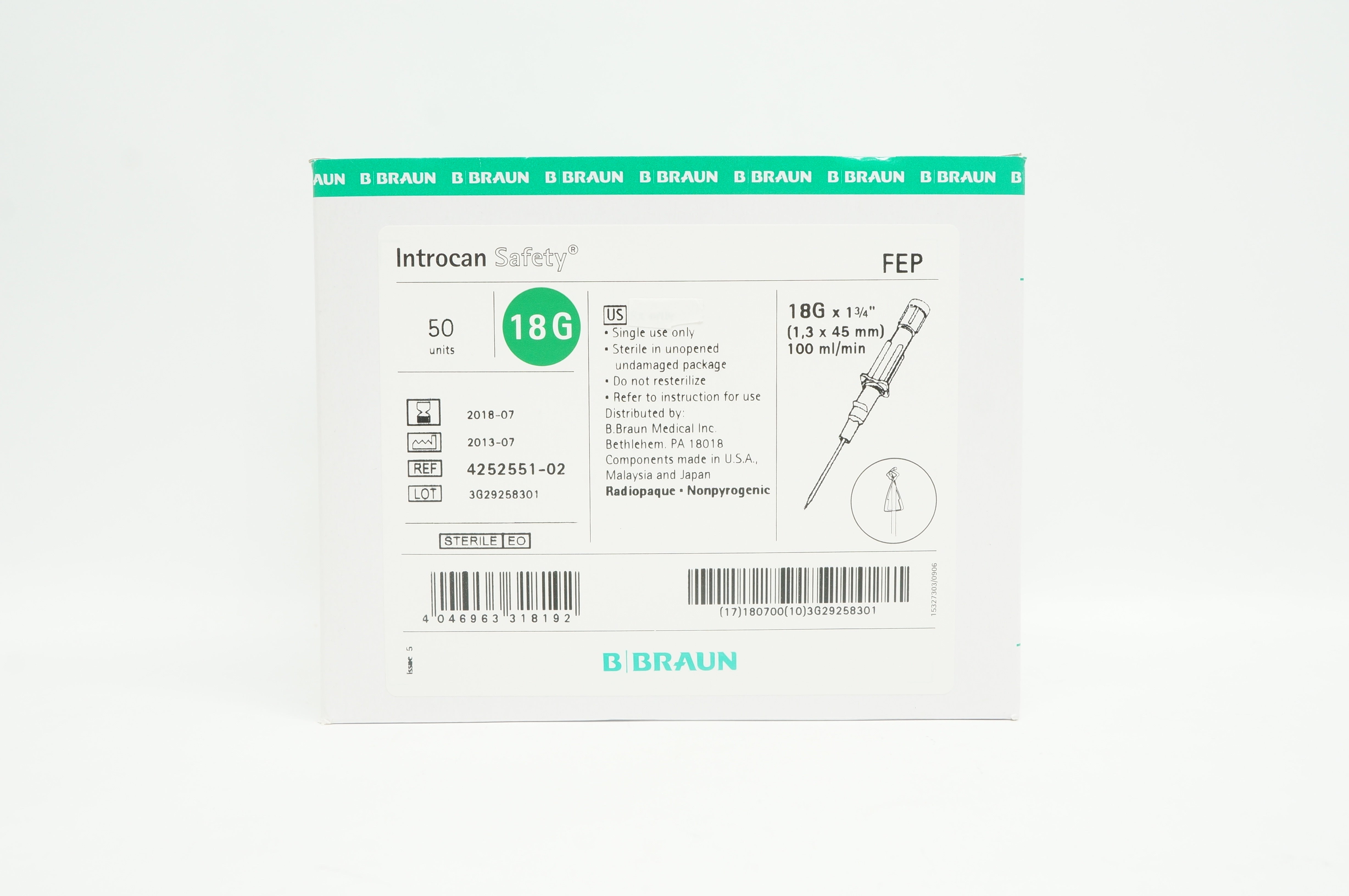 B. Braun 4252551-02 Introcan Cath. Self-activating 18G x 1-3/4in. - Box of 50 (x)