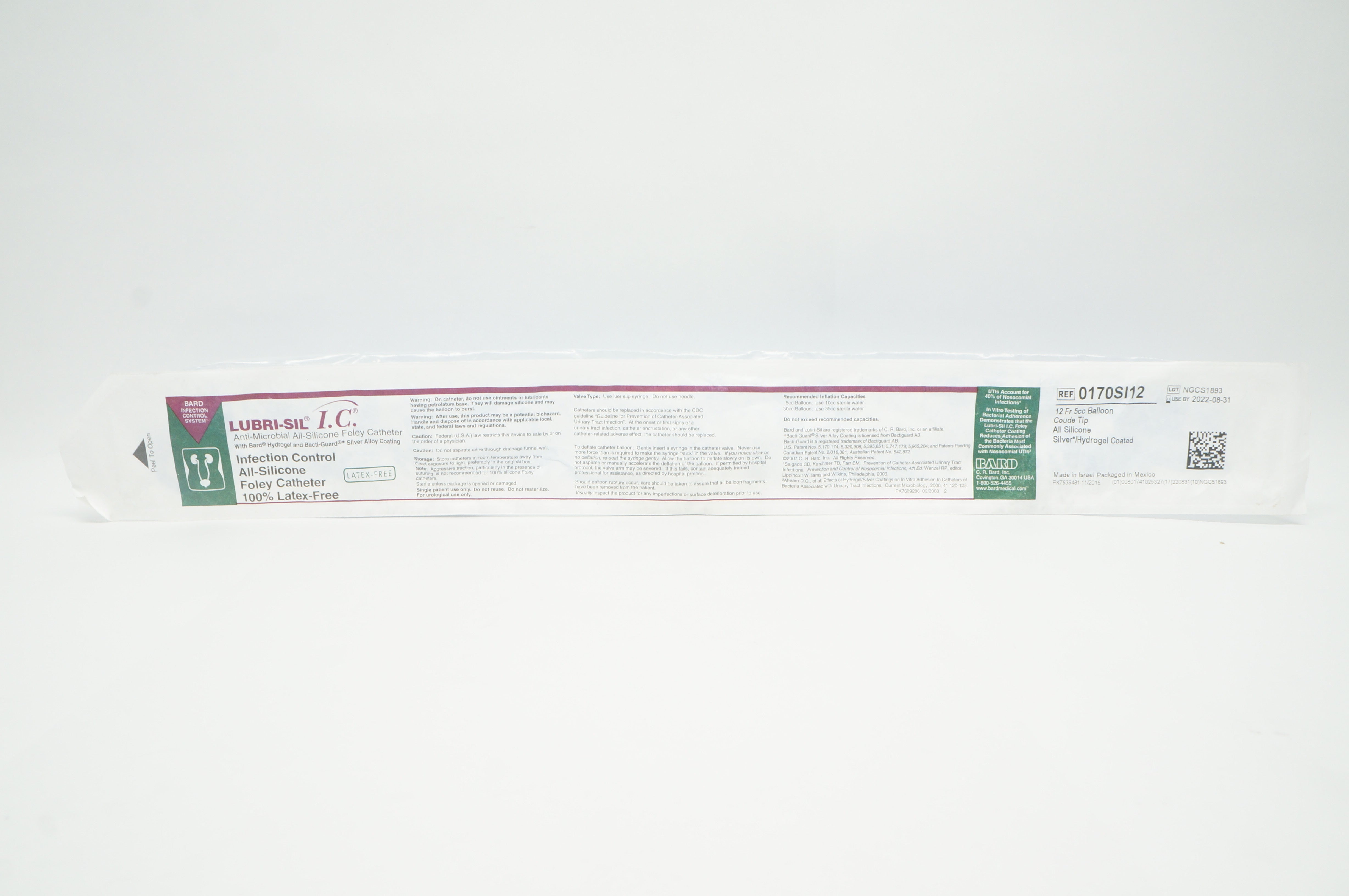 Bard 0170SI12 12F Balloon Coude Tip All Silicone Silver/Hydrogel Coated Cath (x)