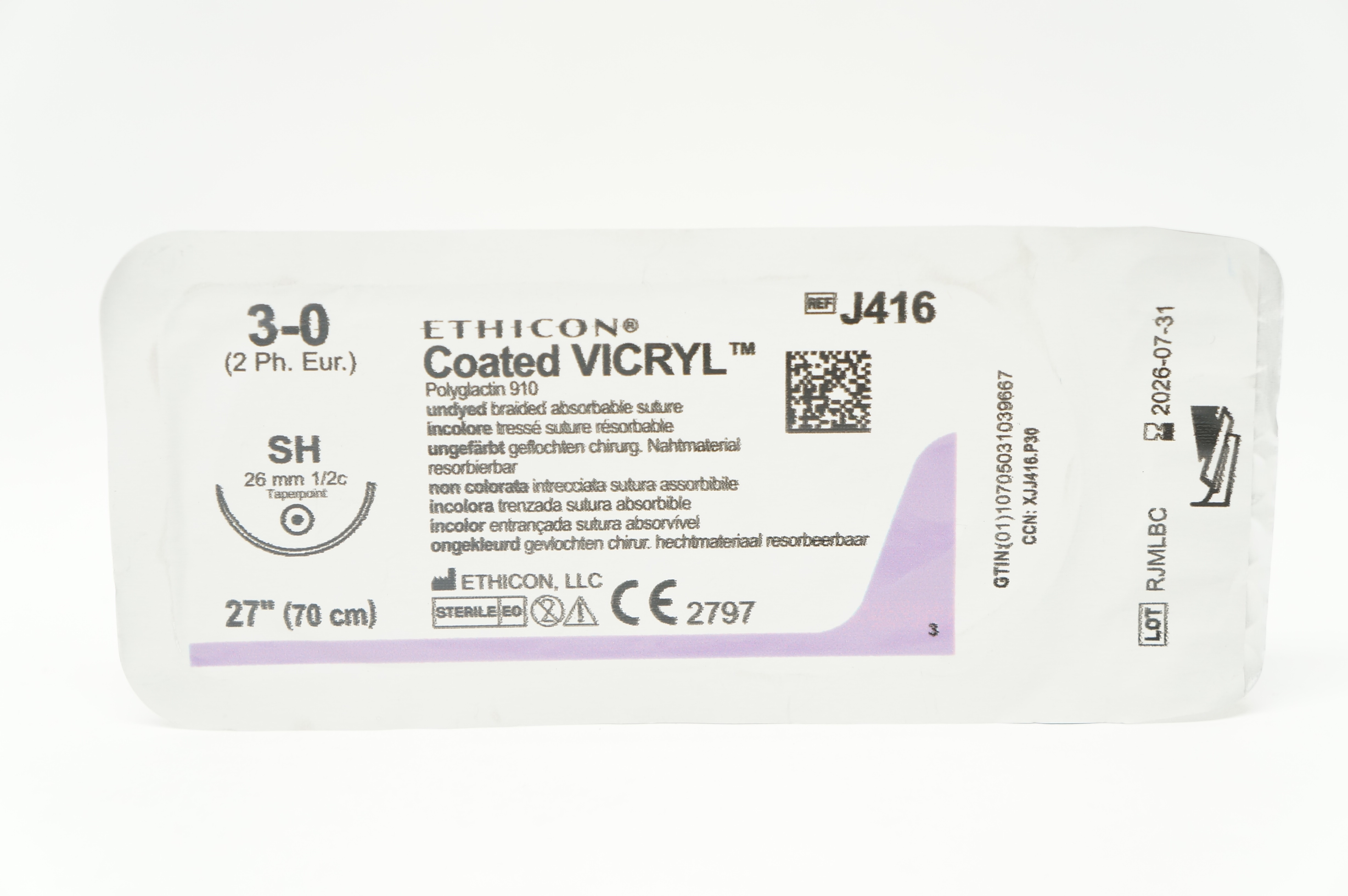 Vic Ryp Ethicon J416 3-0 Coated VICRYL, SH 26mm 1/2c Taper, 27inch