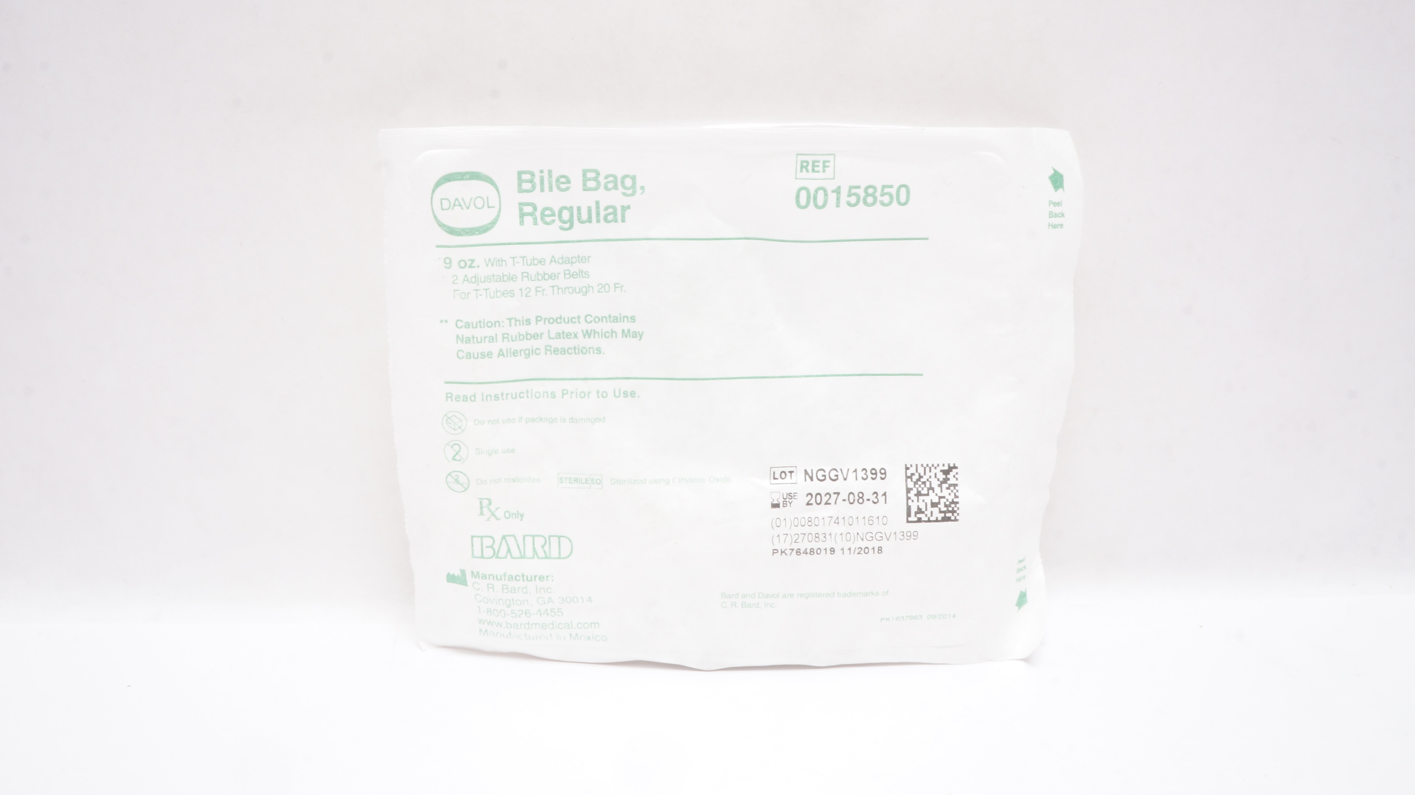 Bard 0015850 Davol Bile Bag Regular 19oz with T-Tube Adapter