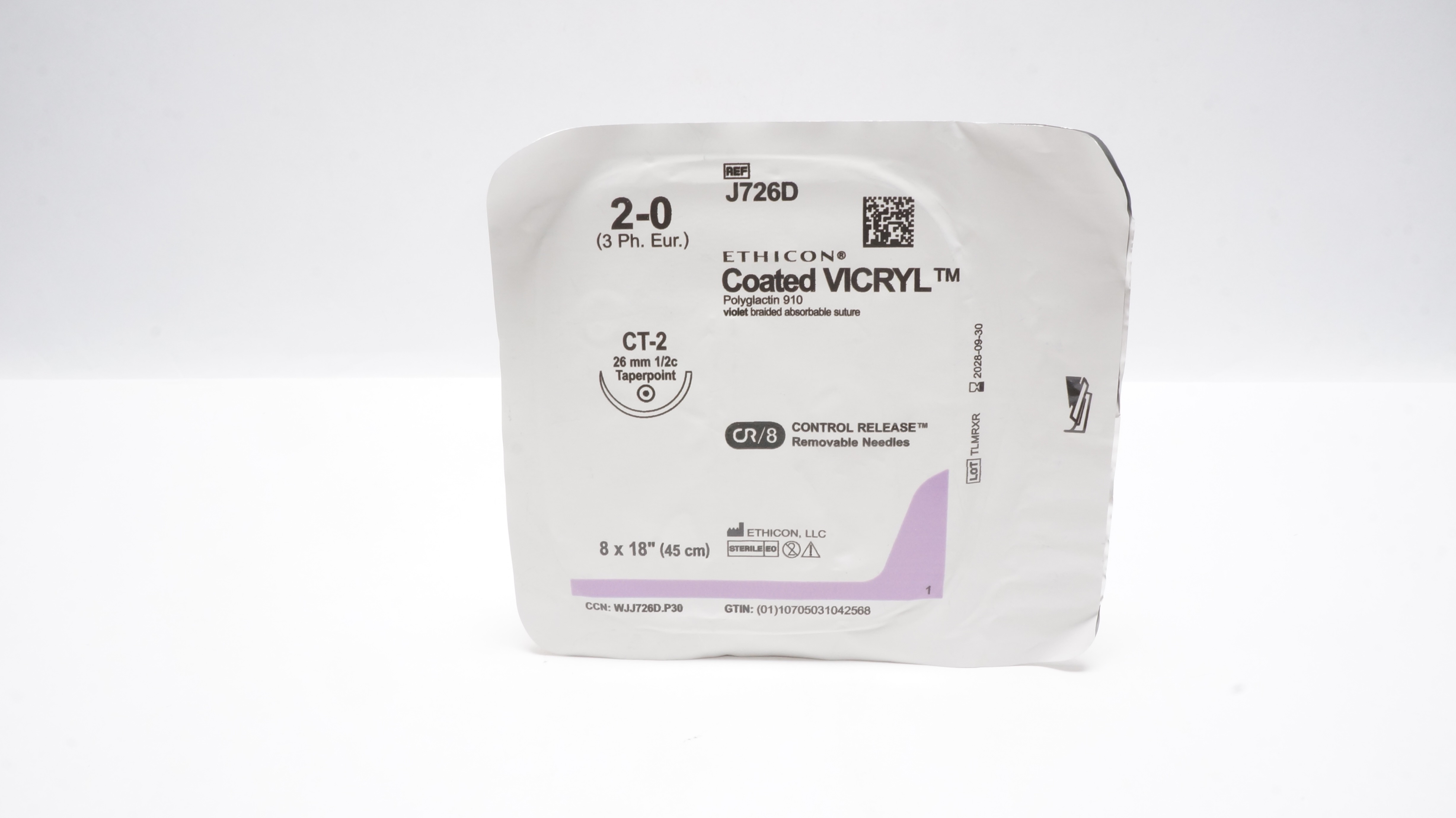Ethicon J726D 2-0 Coated VICRYL Stre CT-2 26mm 1/2c Taperpoint, 8x18inch