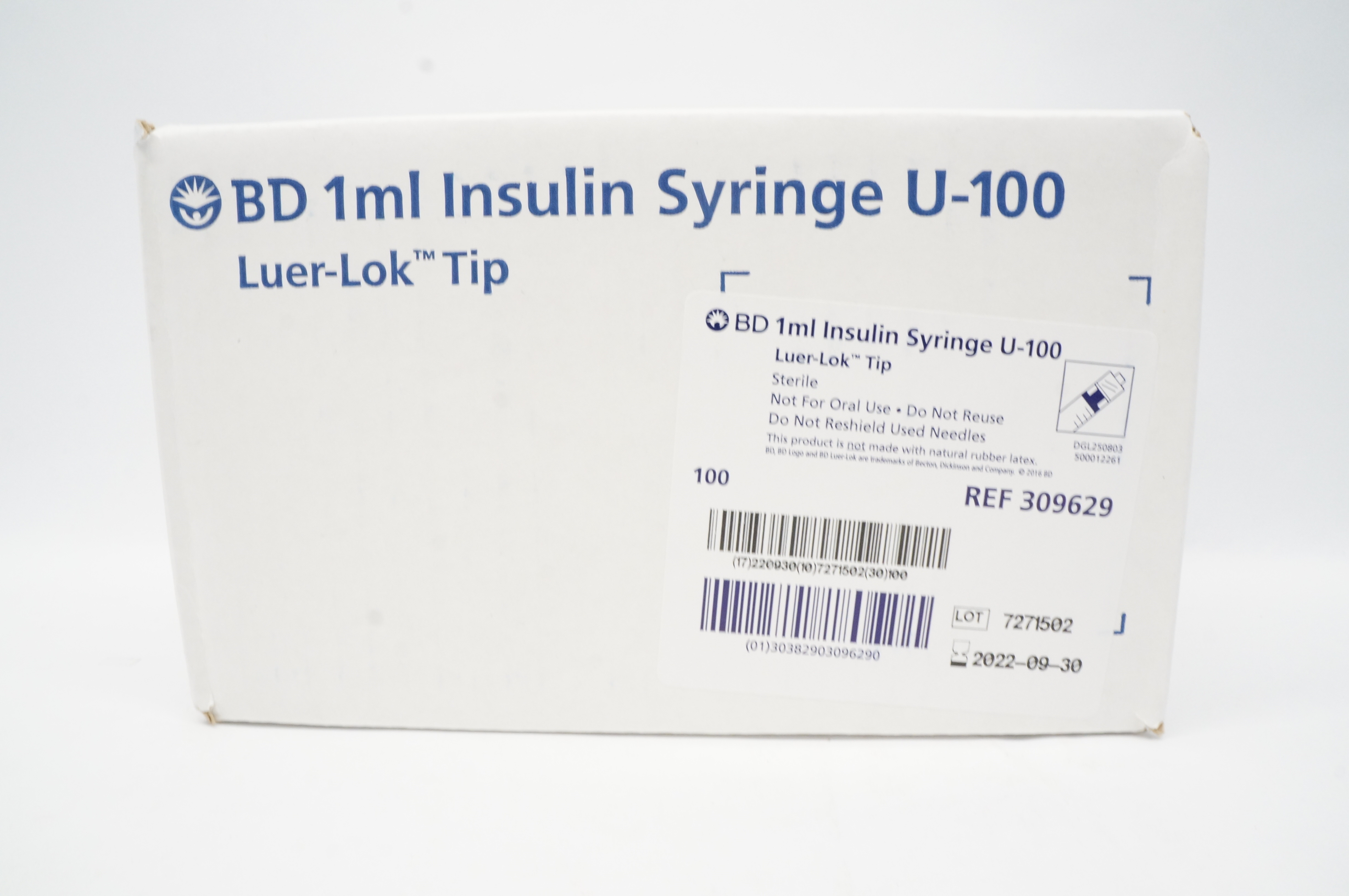 BD 309629 Luer-Lok Tip 1ml Insulin Syringe U-100 ~ Box of 100