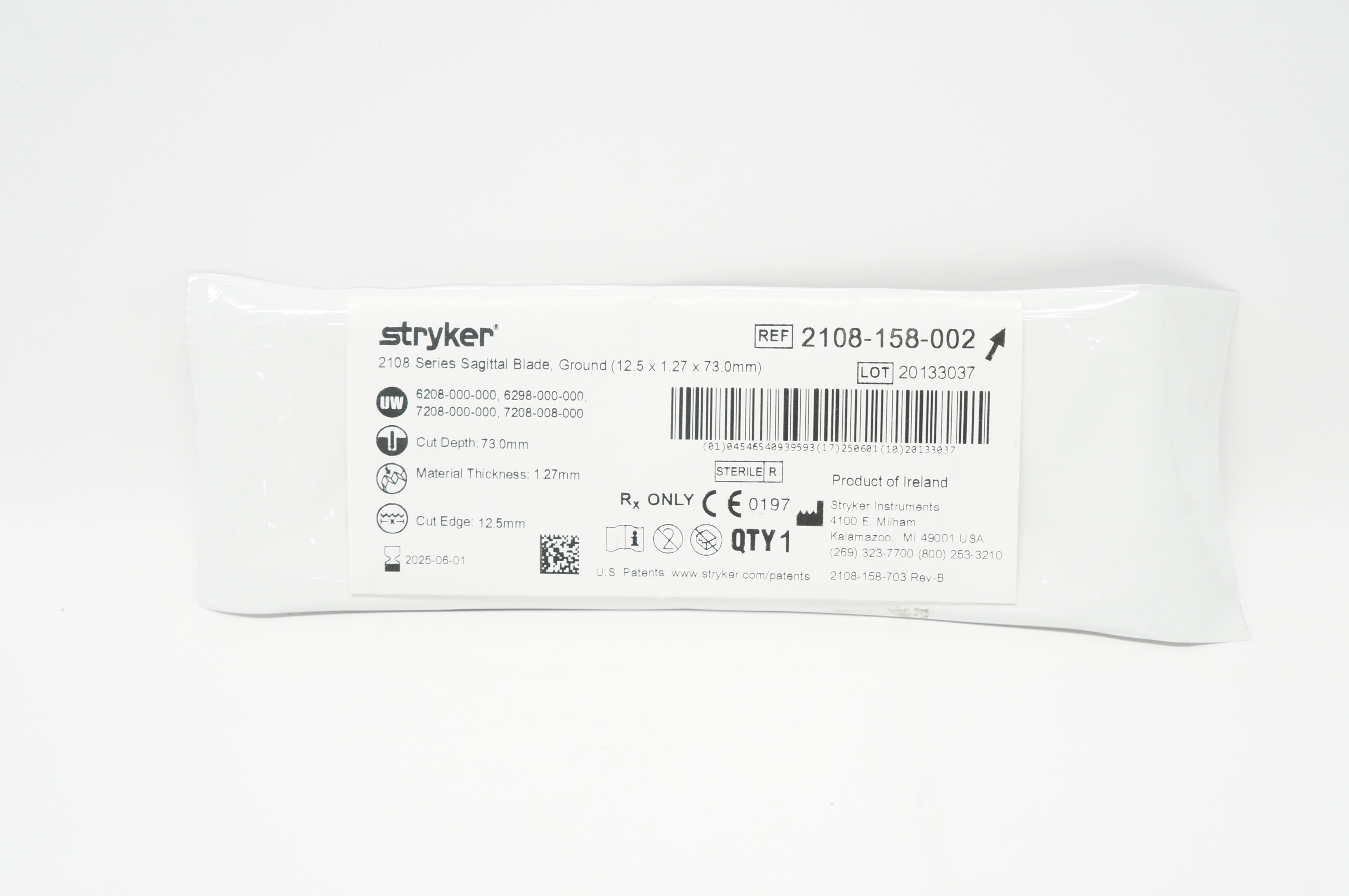 Stryker 2108-158-002 Sagittal Blade Ground 18.5mm x 1.27mm x 99mm
