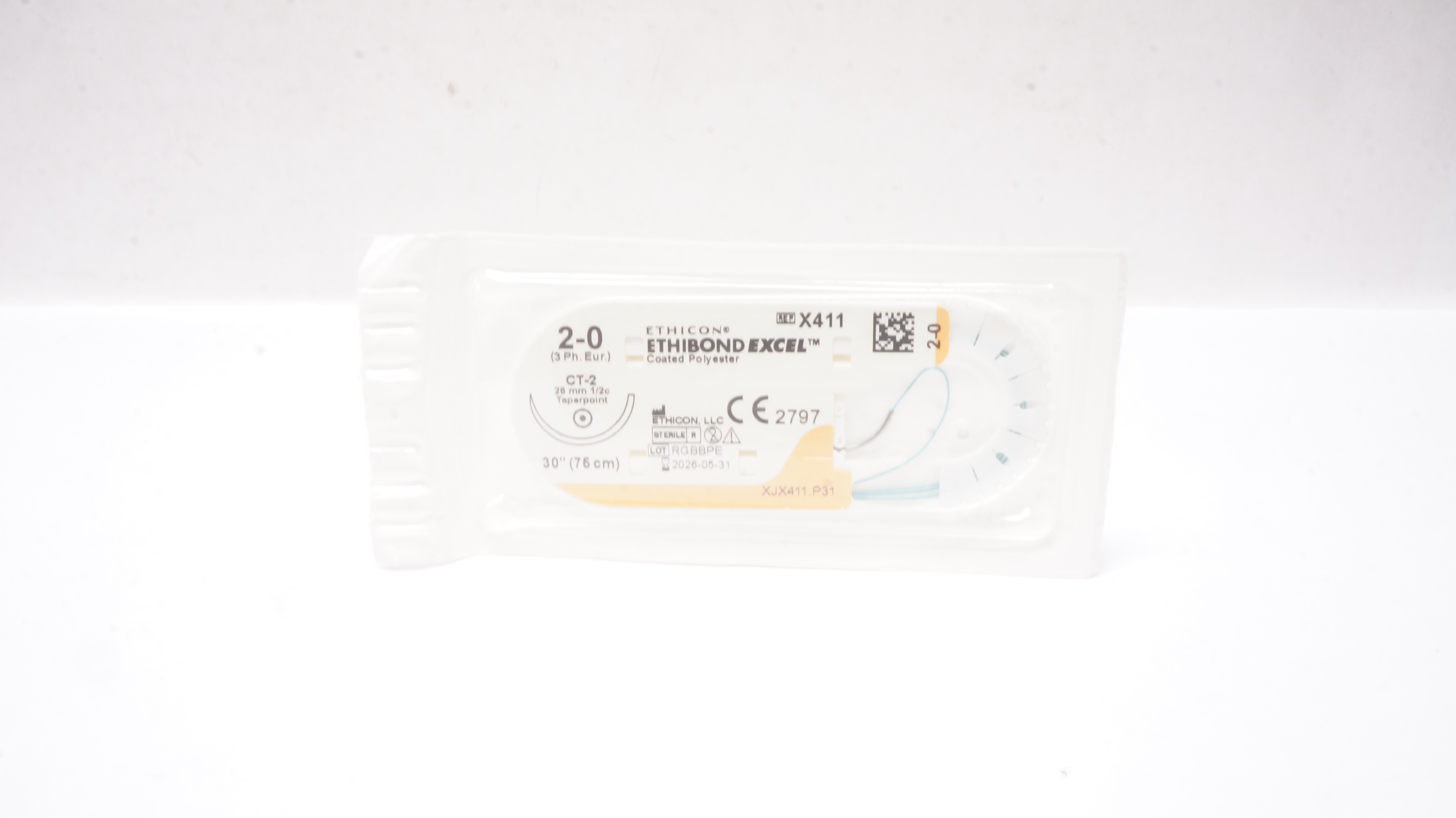 Ethicon X411 2-0 ETHIBOND EXCEL, CT-2, 26mm 1/2c Taperpoint, 30inch