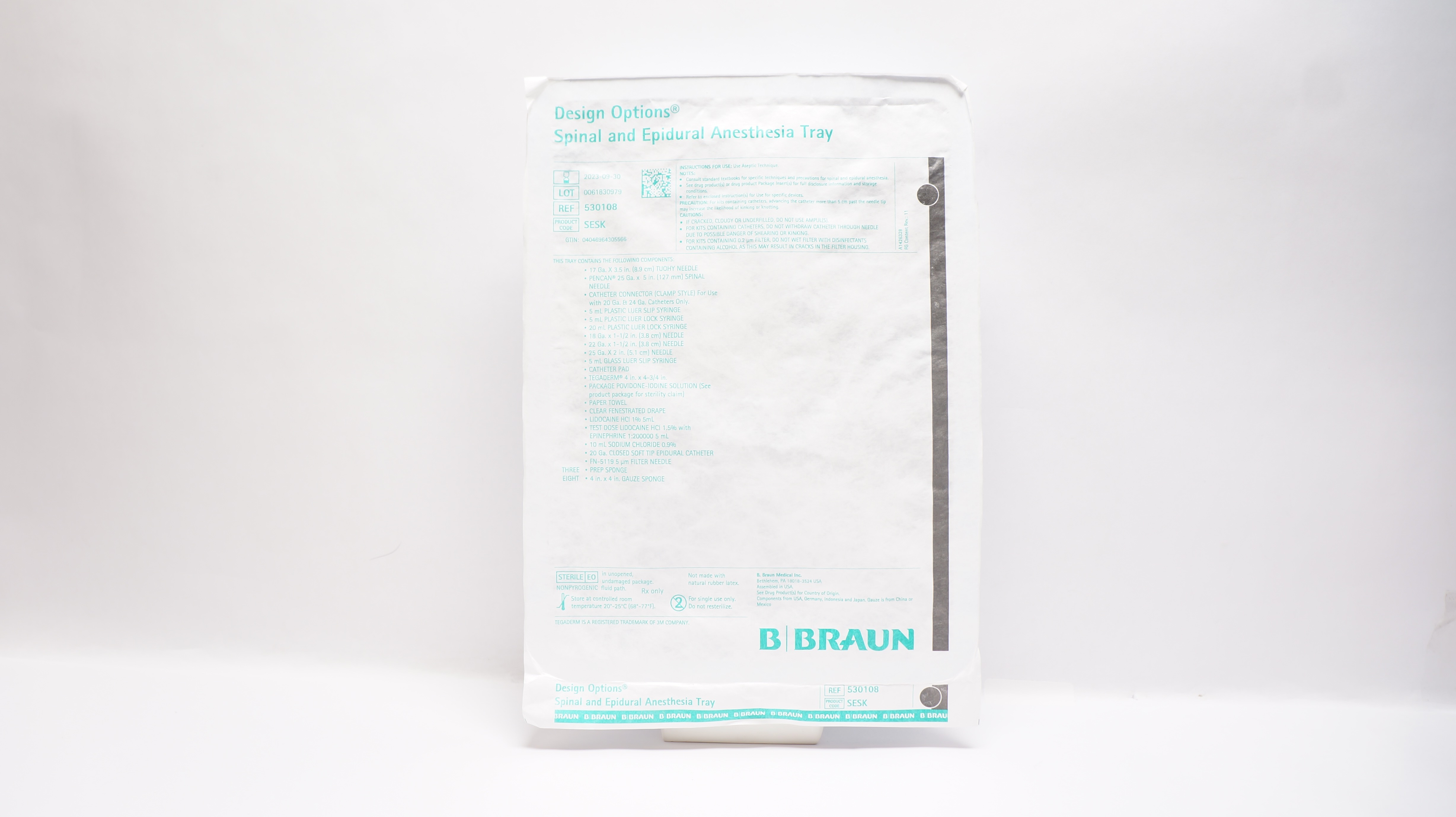 Braun 530108 Design Options Spinal & Epidural Anesthesia Tray 17Ga x 3.5inch(x)