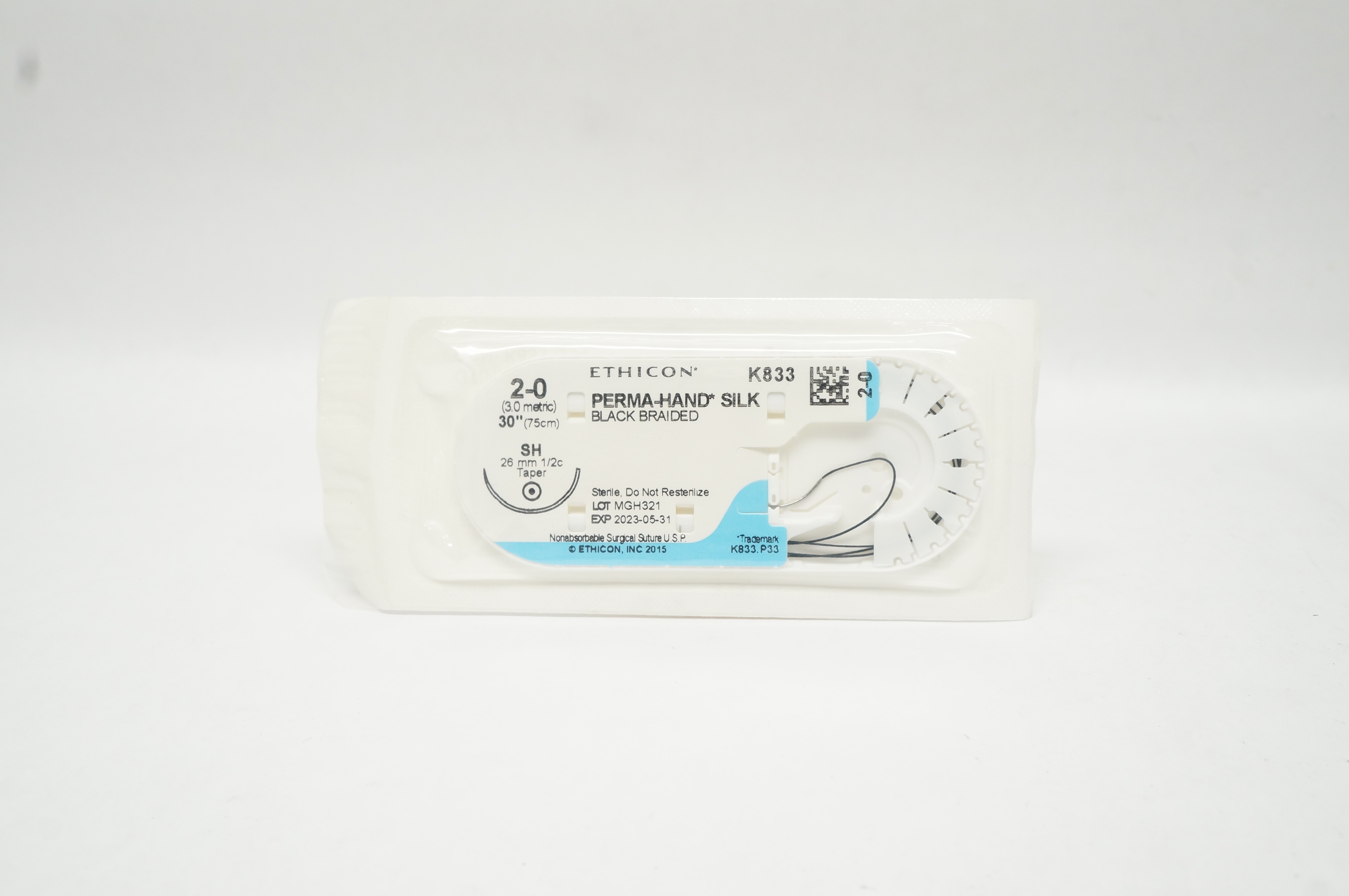 Ethicon K833 2-0 PERMA-HAND SILK Stre SH 26mm 1/2c Taper 30inch