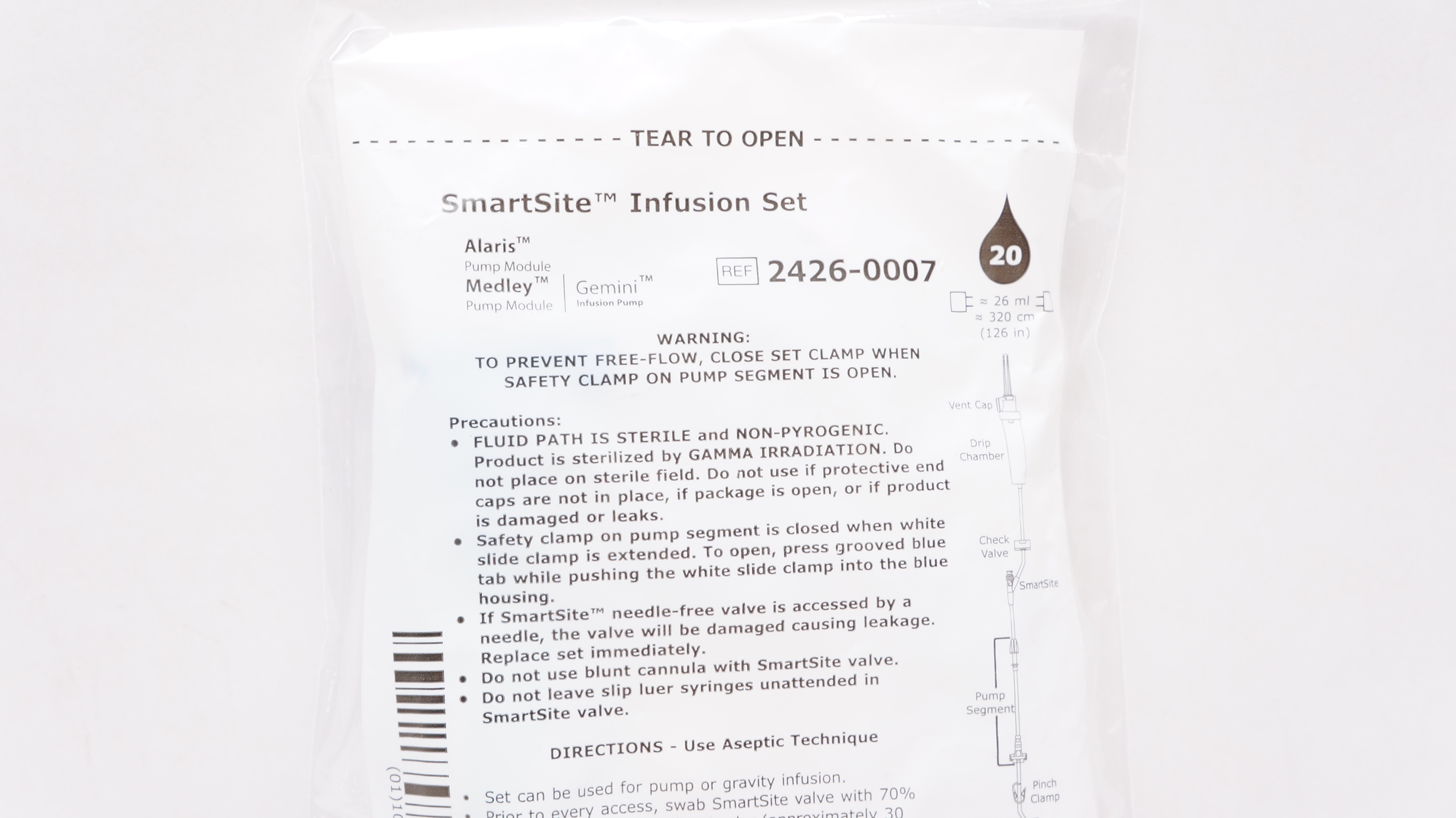 CareFusion 2426-0007 Alaris SmartSite Infusion Set 26ml x 126inch 20 Drops