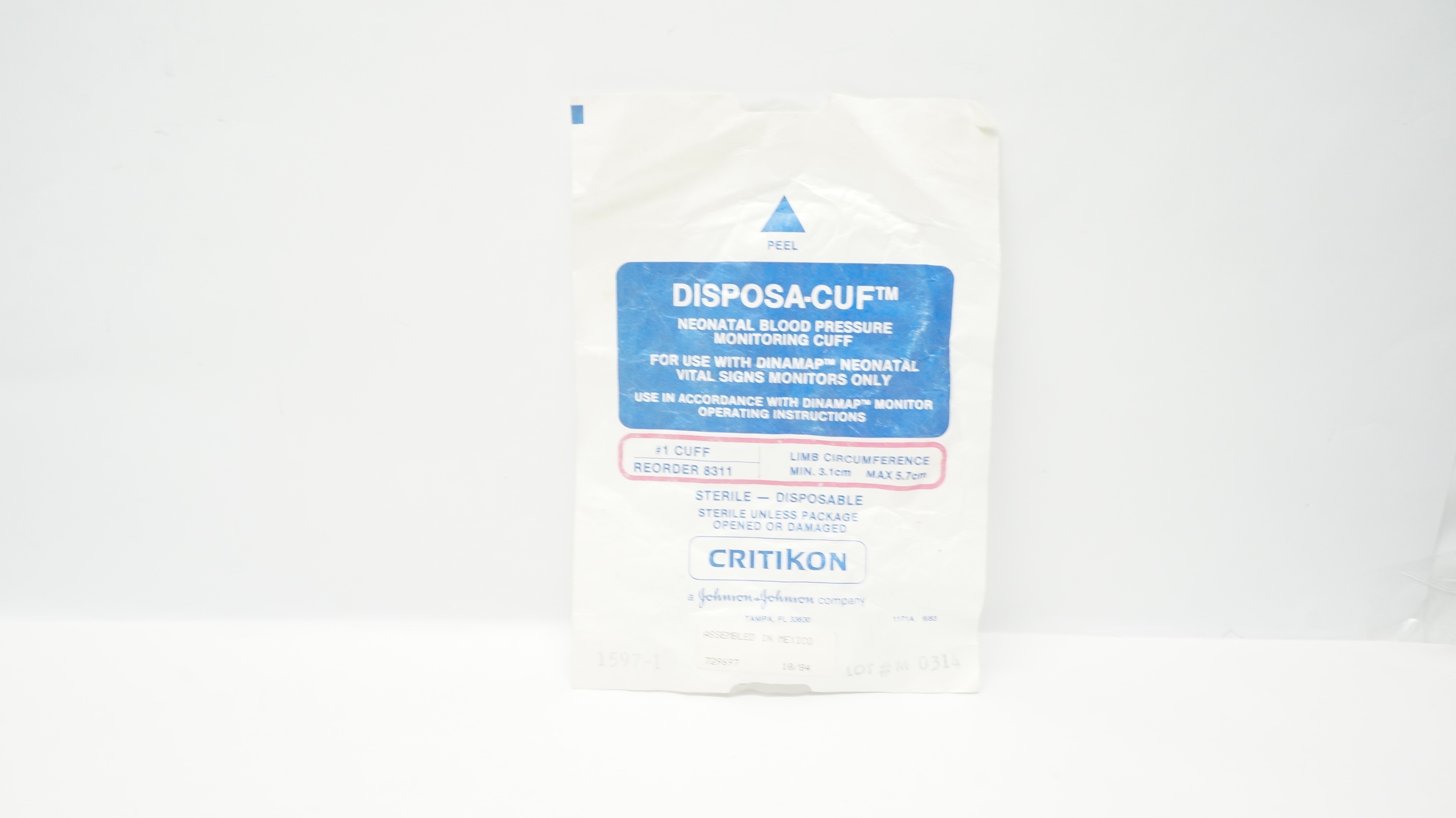 Critikon 8311 Disposa-Cuf Neonatal Blood Pressure Monitoring Cuff 3.1cm x 5.7cm