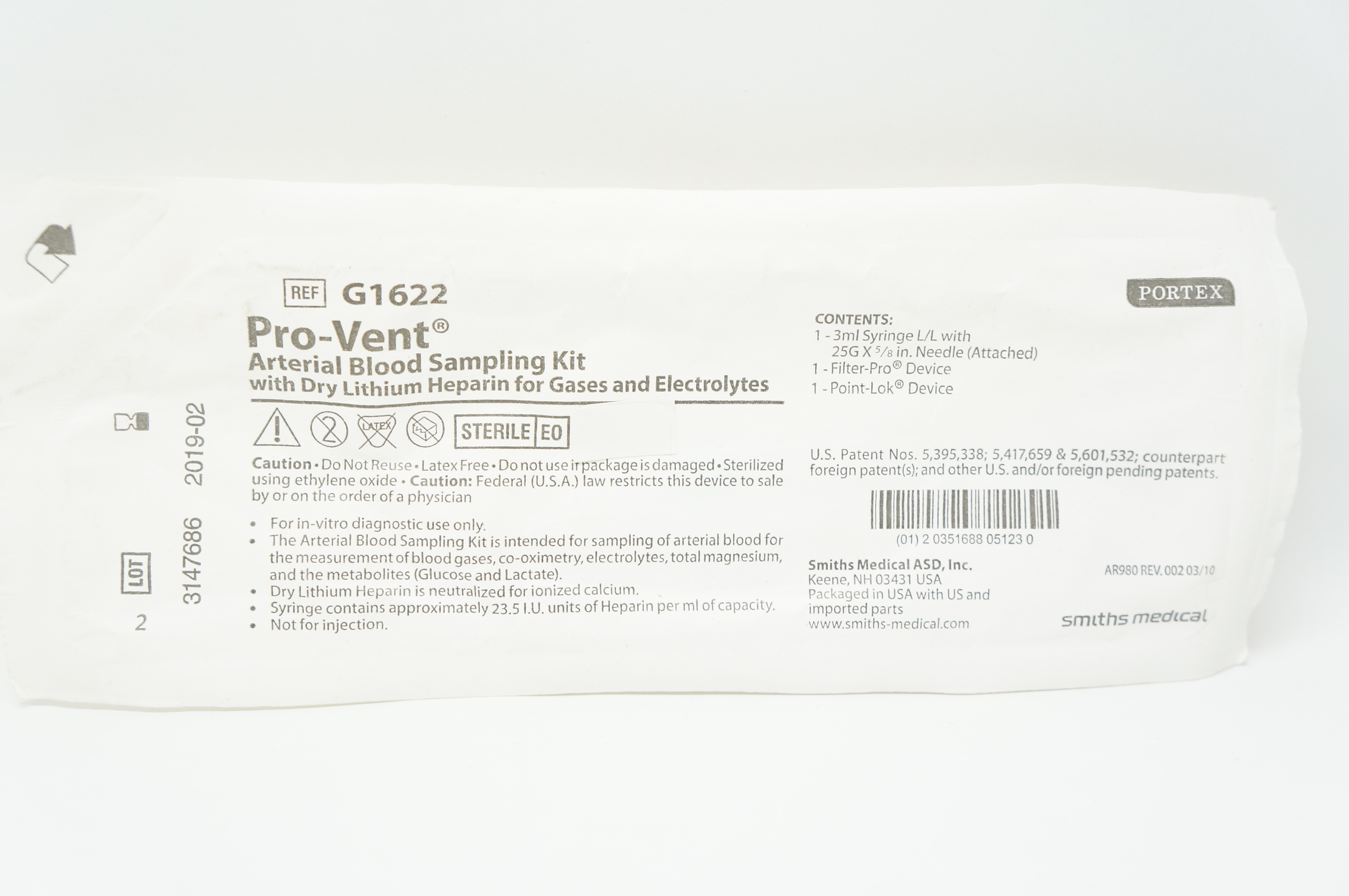 Smiths Medical G1622 Pro-Vent Arterial Blood Sampling Kit (x)