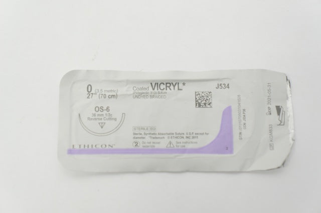 Ethicon J534 0 Vicryl Stre OS-6 36mm 1/2c Reverse Cutting, 27inch (x)