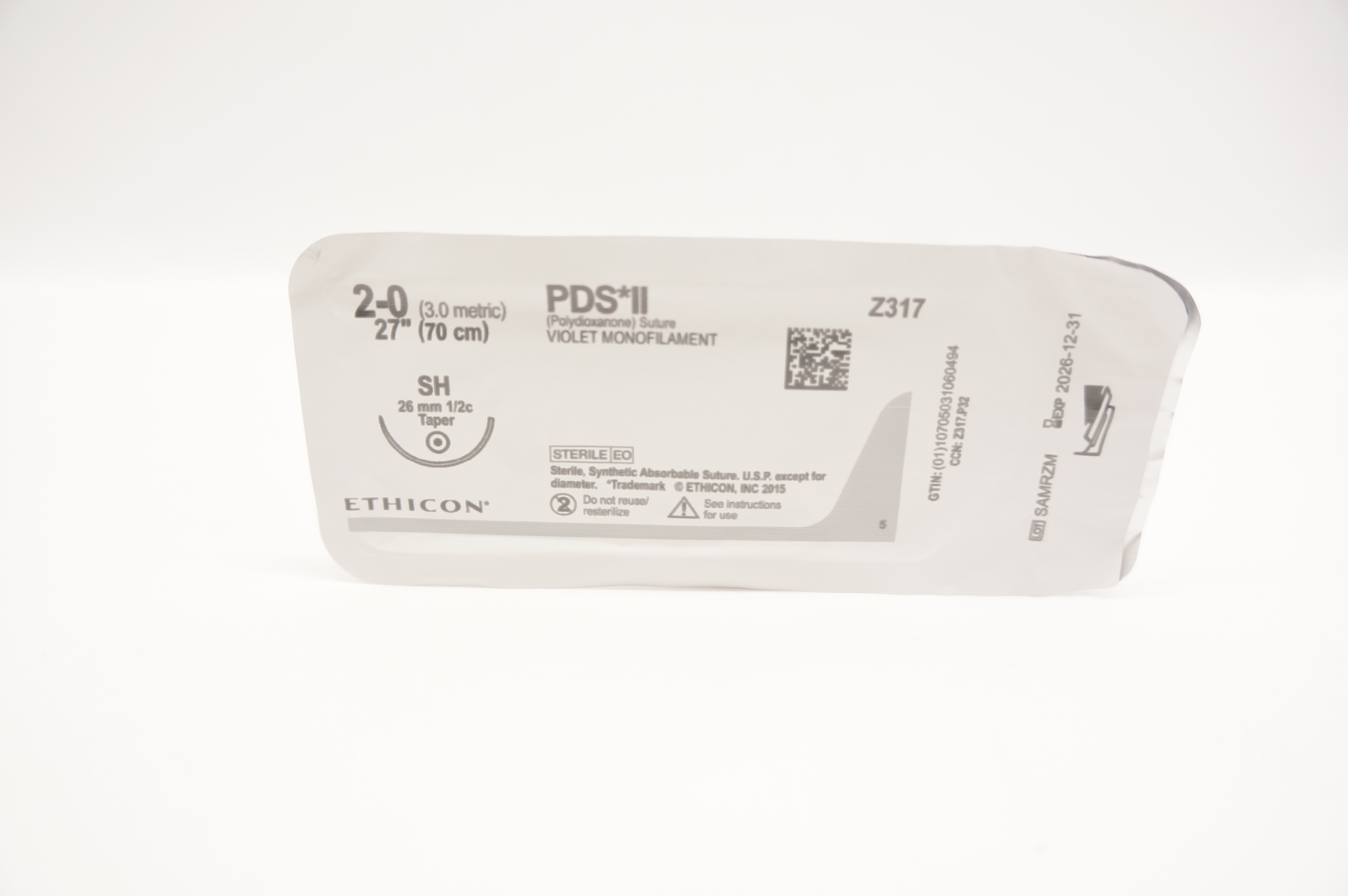 Ethicon Z317 2-0 PDS II Polydioxanone Sterile Stre SH 26mm 1/2c Taper 27inch