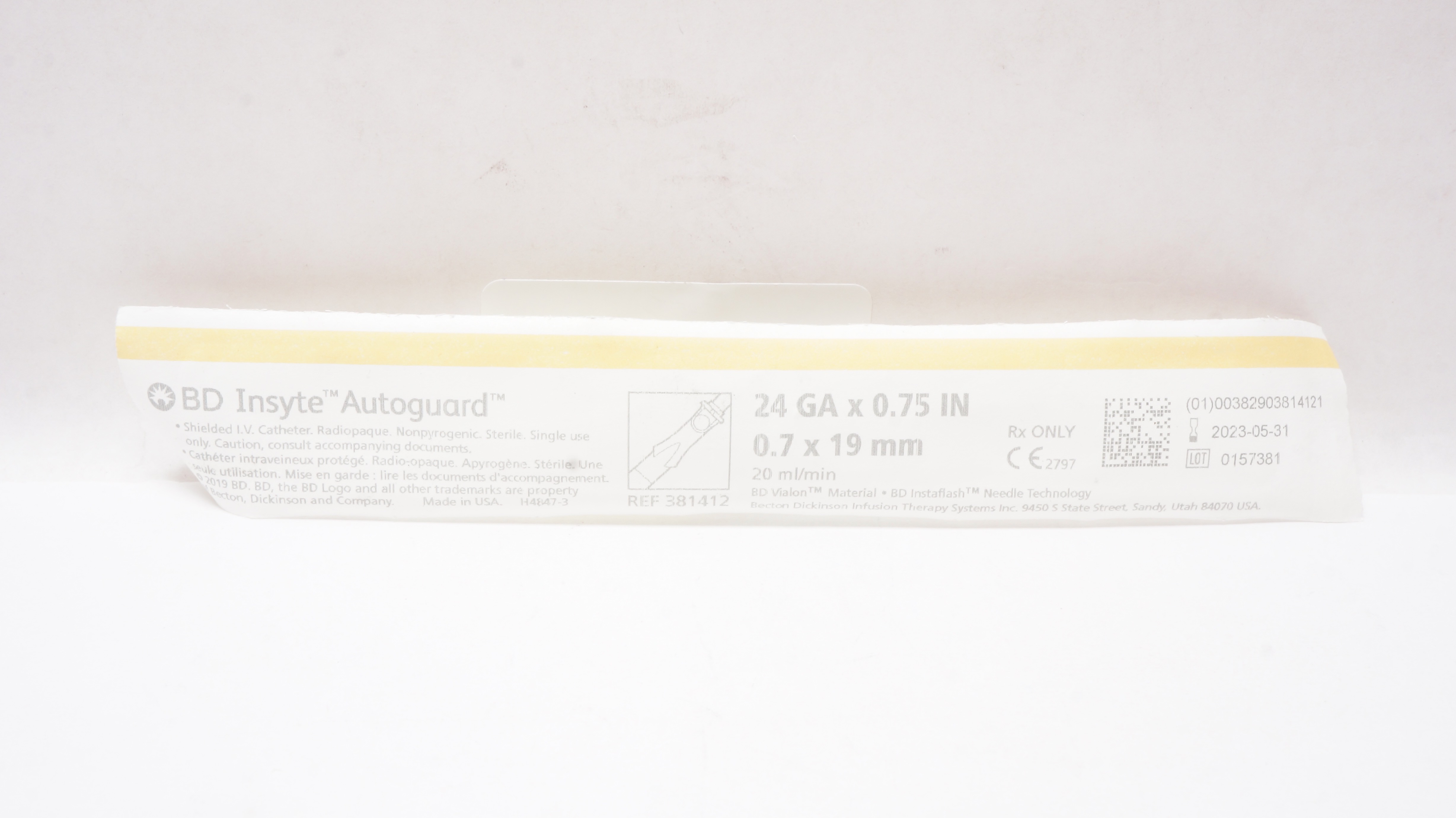 BD 381412 BD Insyte Autoguard Shielded I.V. Cath. 24Ga x 0.75inch x 20mL/min (x)