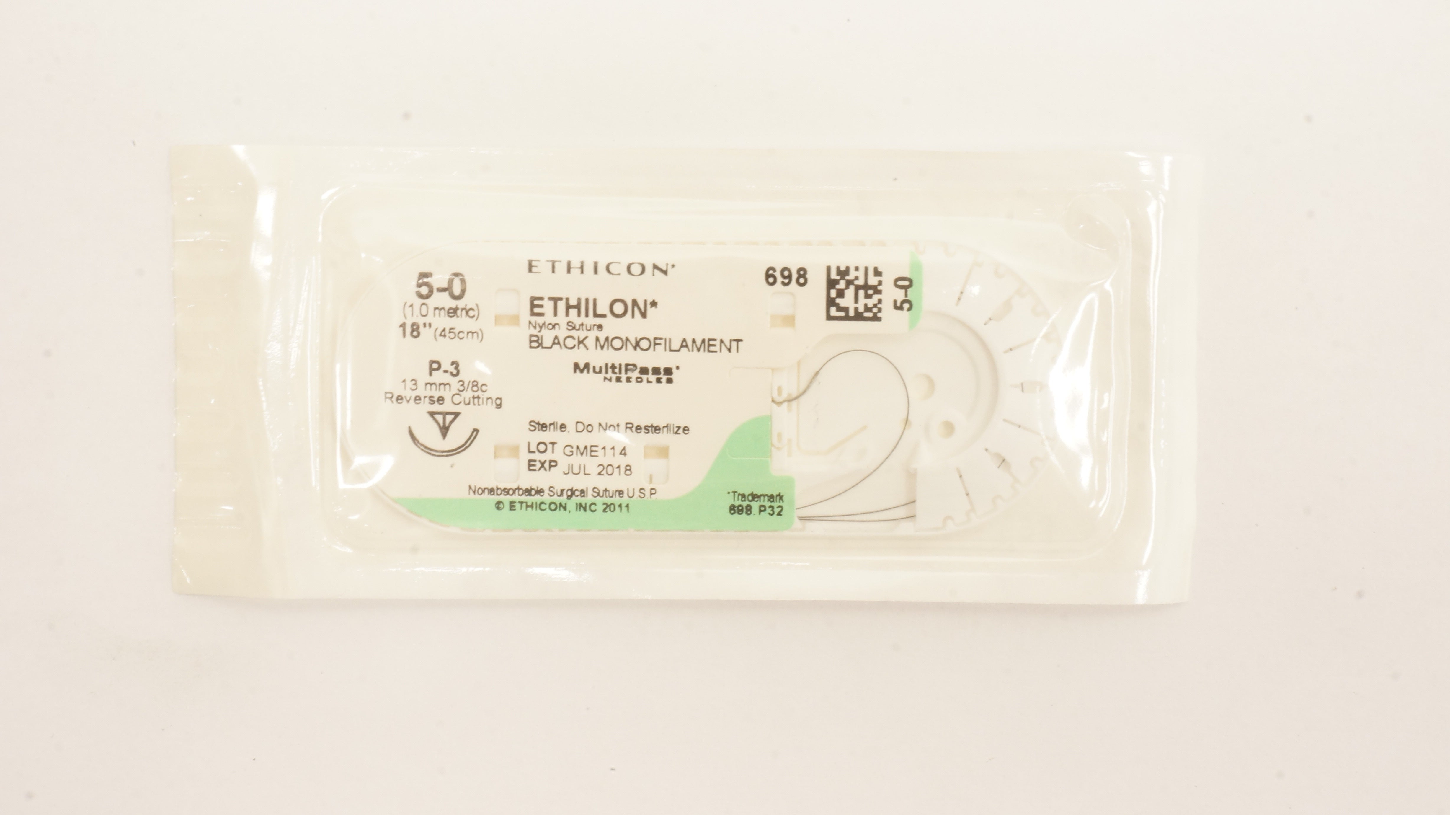 Ethicon 698 5-0 Ethilon Nylon Stre P-3 13mm 3/8c Reverse Cutting 18inch(x)