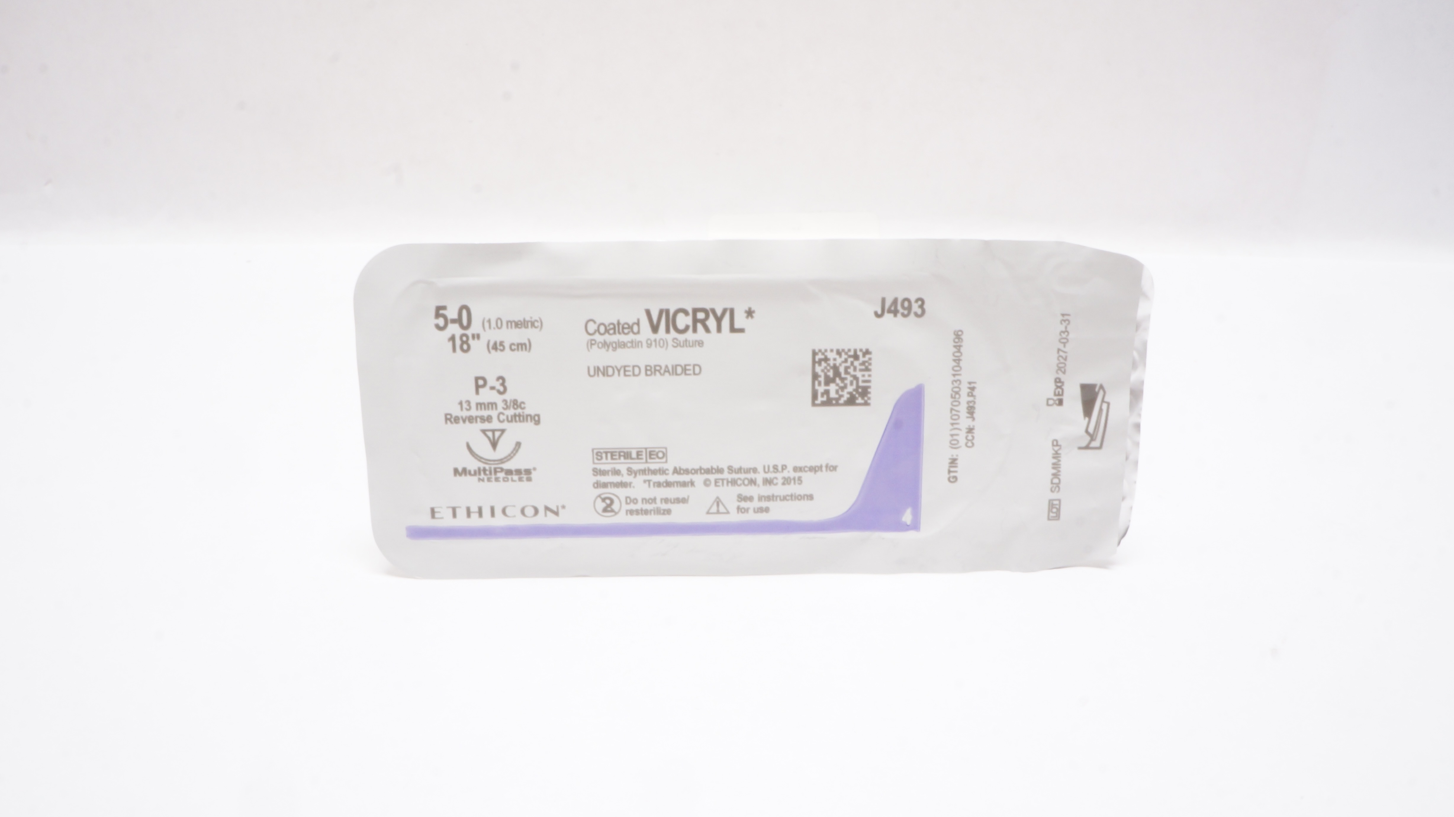 Ethicon J493 5-0 Coated VICRYL, P-3, 13mm 3/8c Reverse Cutting, 18inch
