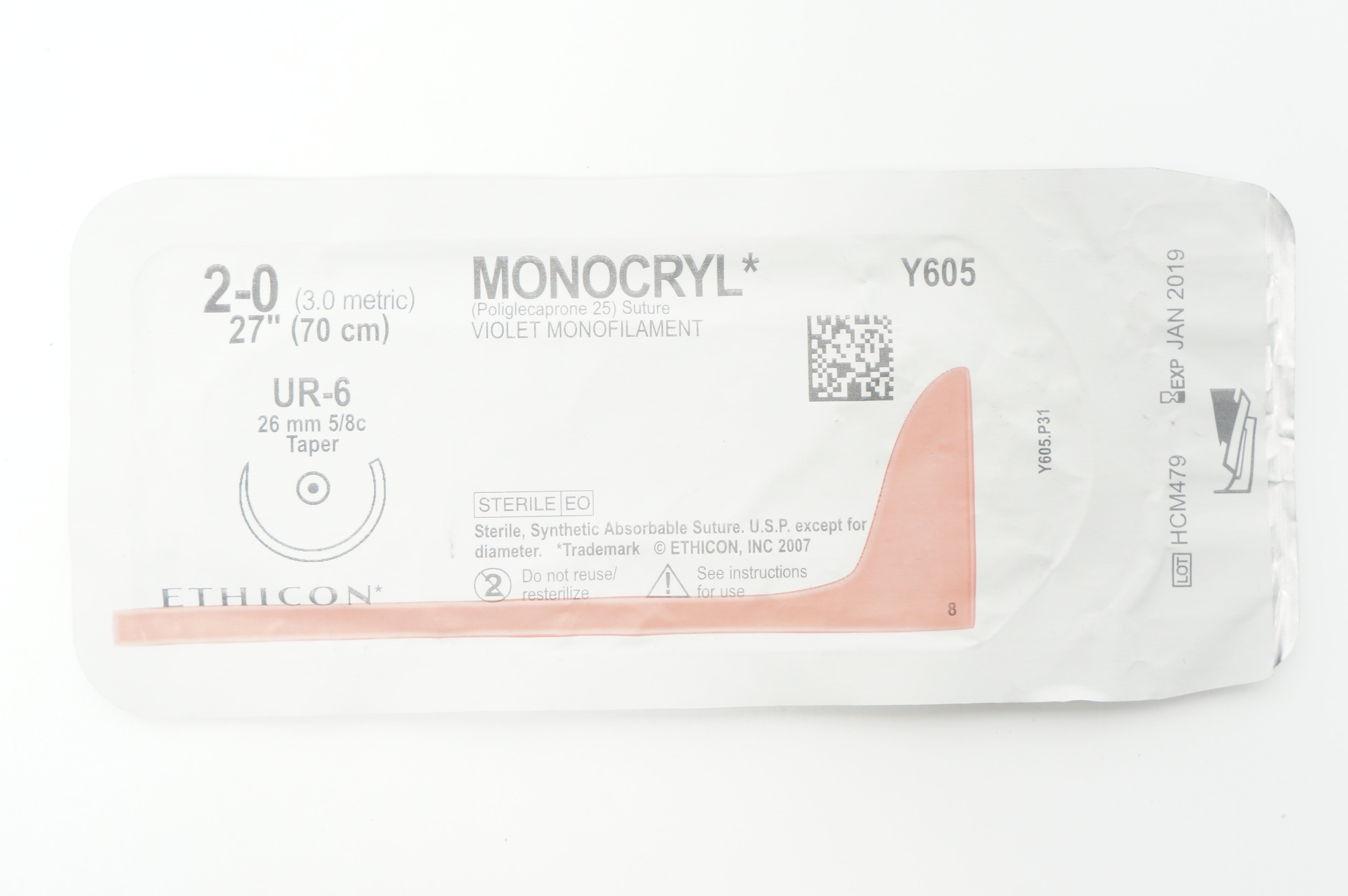 Ethicon Y605 2-0 MONOCRYL Violet Monofilament UR-6 26mm 5/8c Taper, 27inch (x)