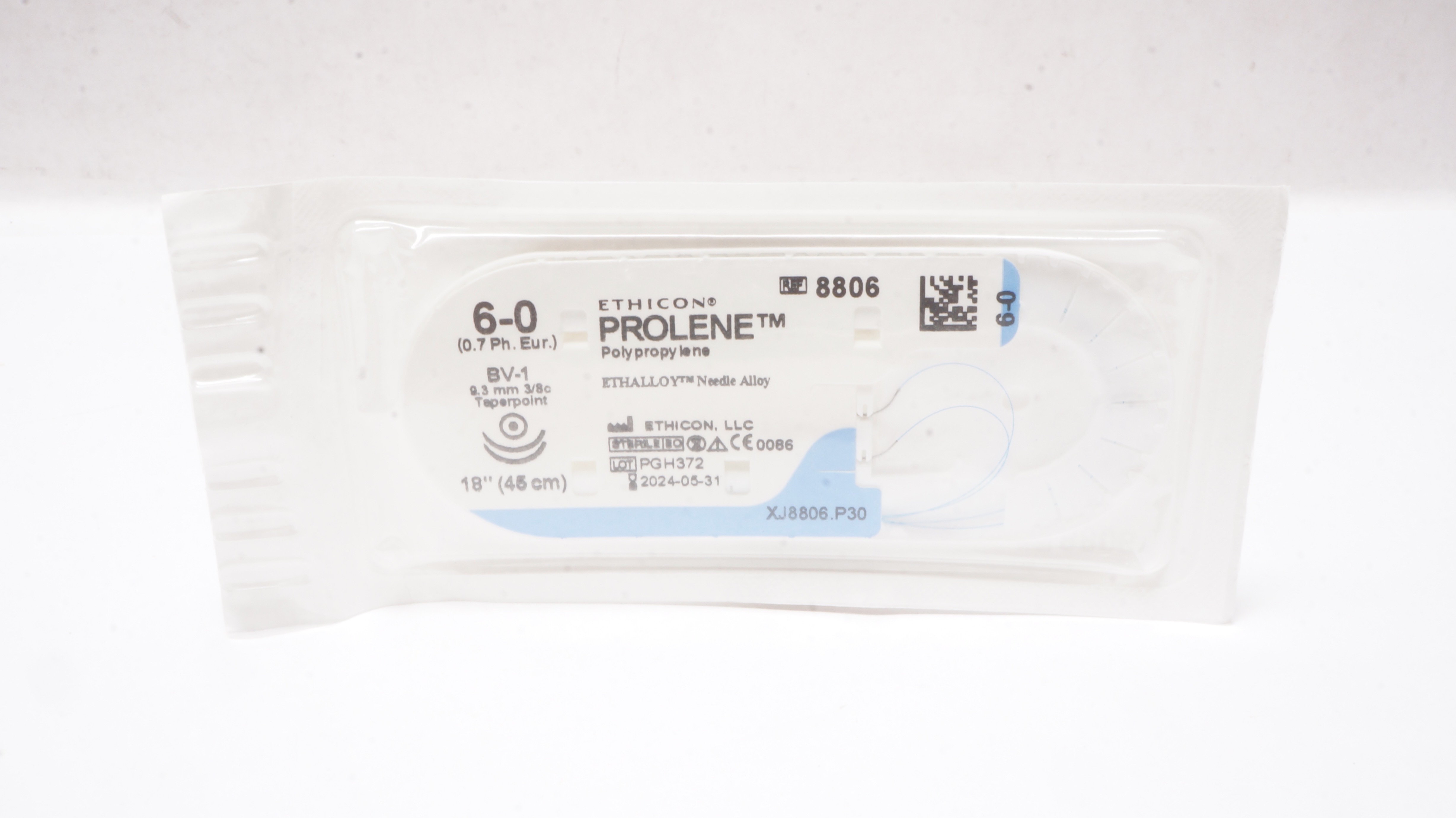 Ethicon 8806 6-0 PROLENE, BV-1, 9.3mm 3/8c Taper Blue Monofilament, 18inch